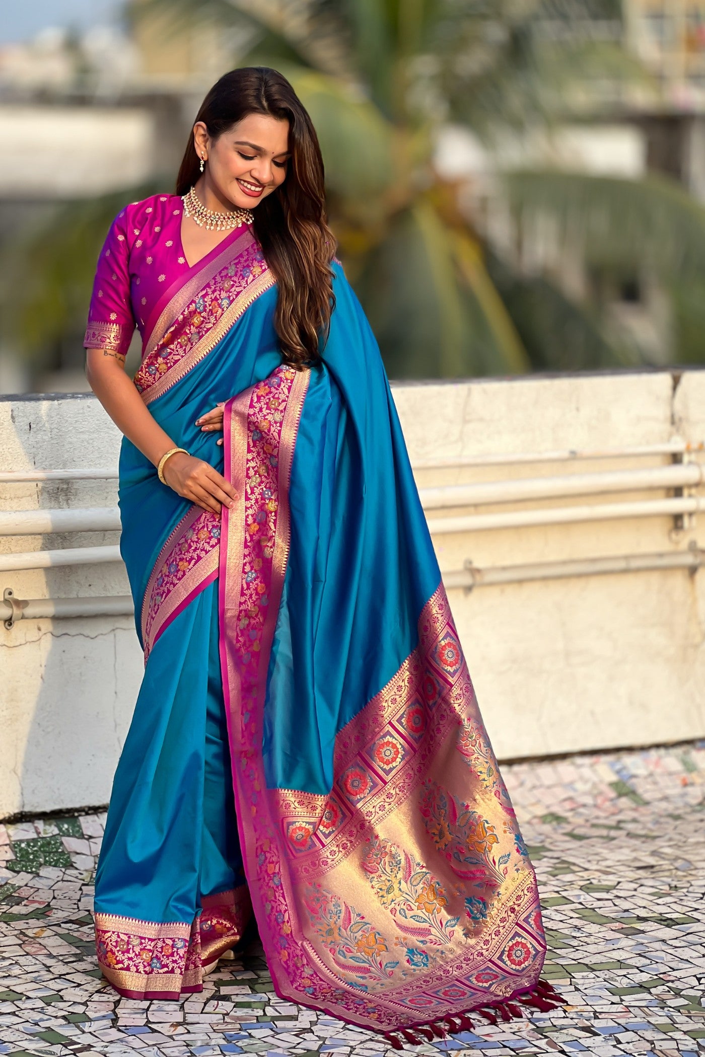 MySilkLove Electric Blue and Pink Zari Woven Paithani Saree