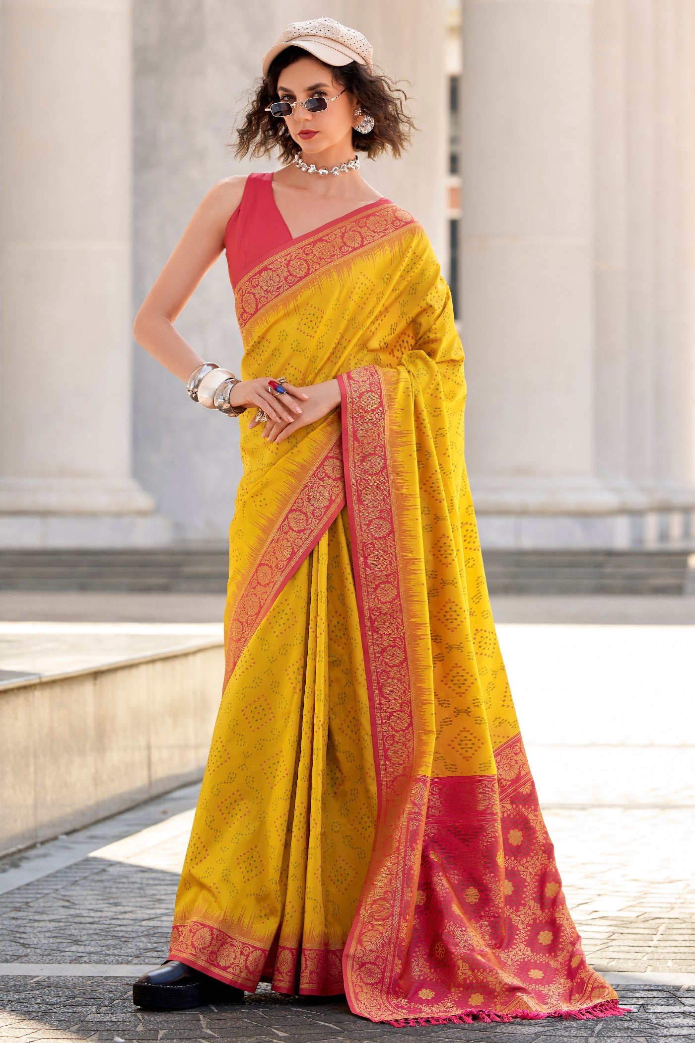 Buy MySilkLove Fuel Yellow Woven Banarasi Bandhani Soft Silk Saree Online