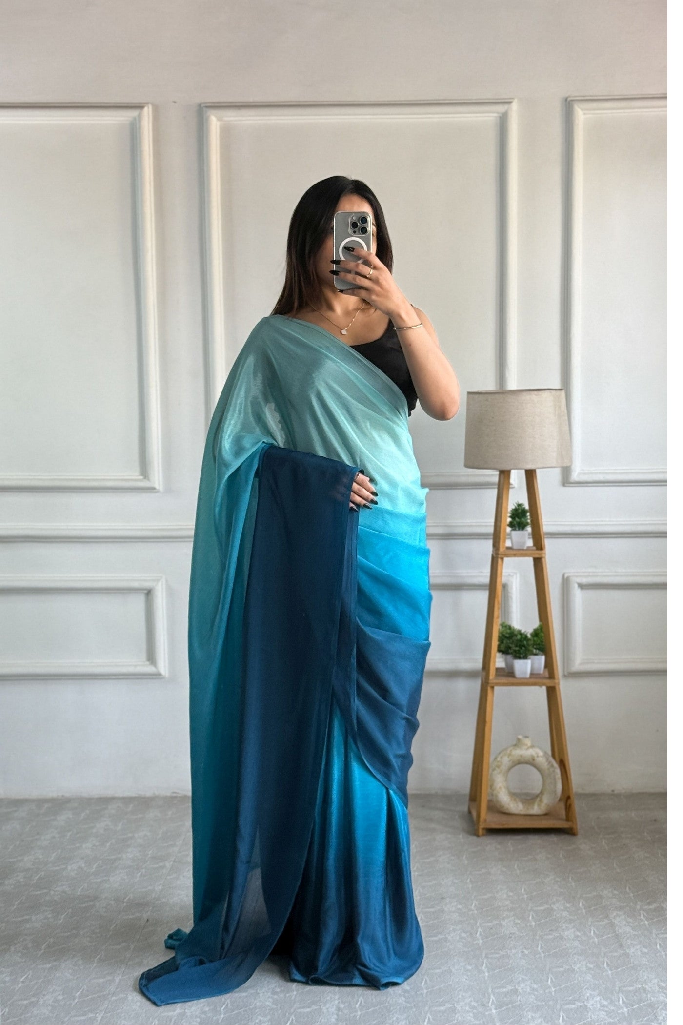 Buy MySilkLove Bismark Blue Chinon Ready To Wear Saree Online
