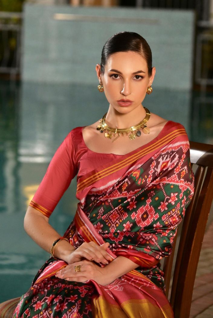 MySilkLove Mantis Green Printed Patola Soft Silk Saree