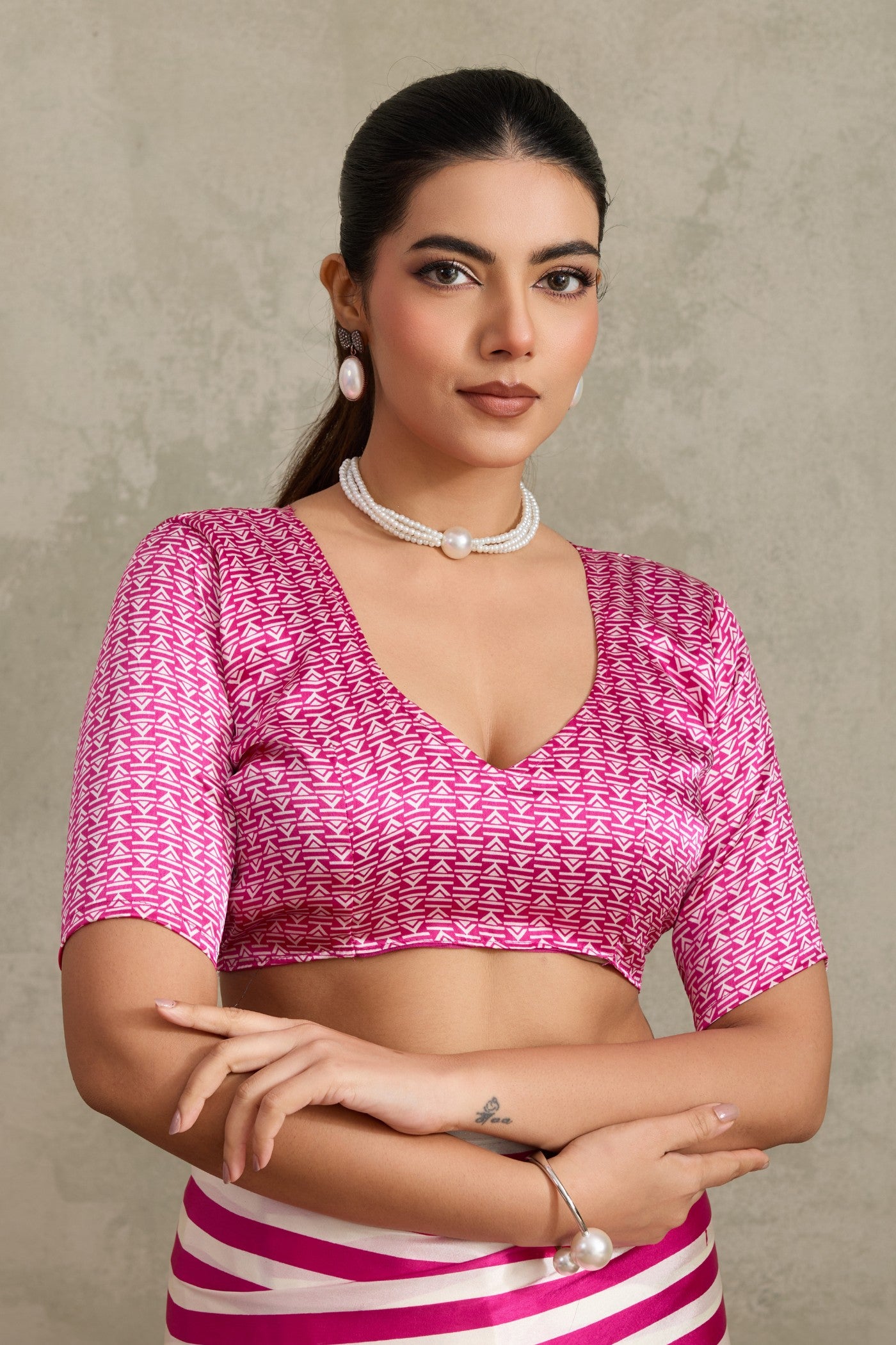 Buy MySilkLove Neon Pink Ajrakh Printed Satin Crepe Silk Saree Online