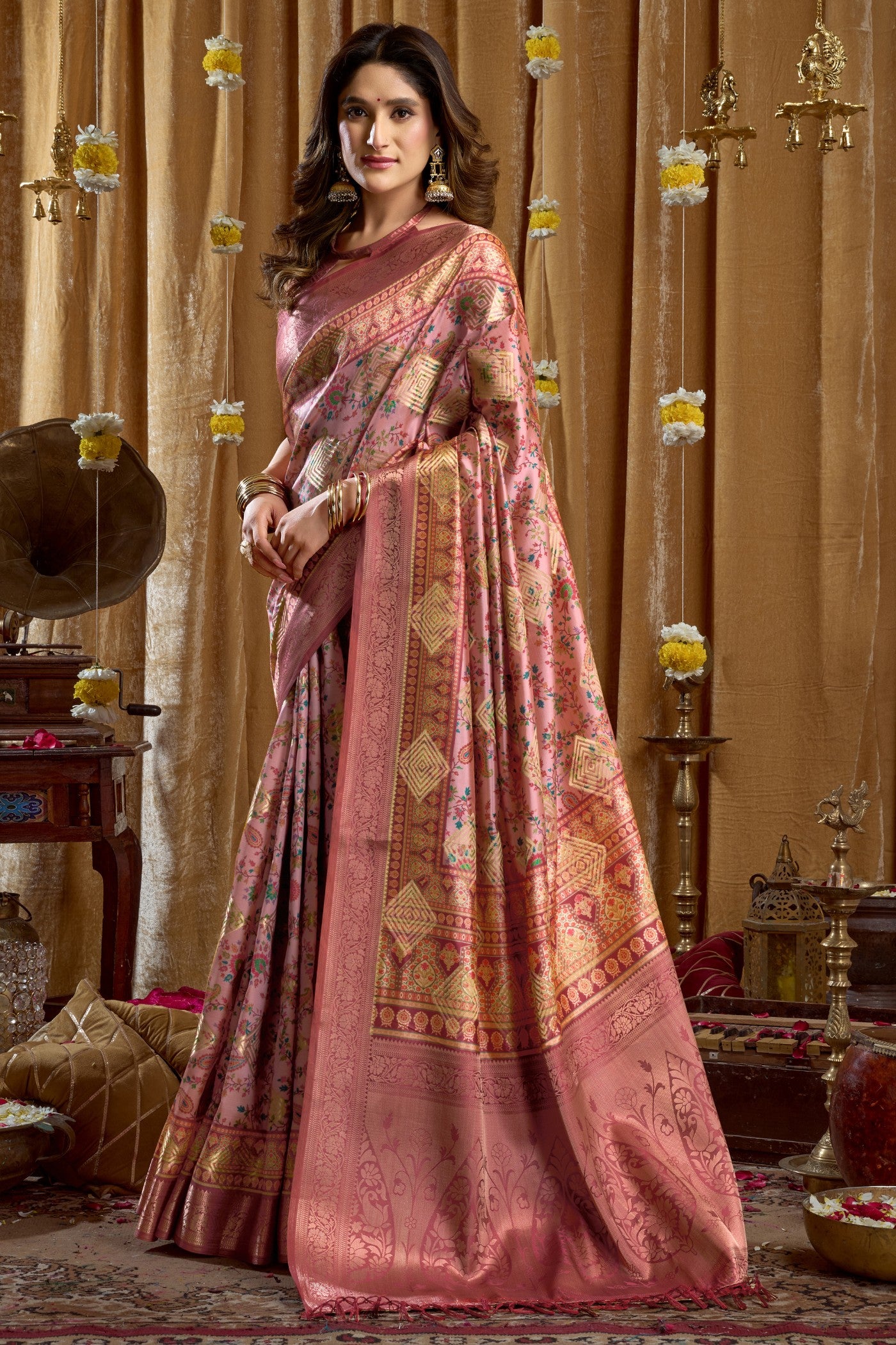 Buy MySilkLove Rose Pink Digital Printed Banarasi Saree Online
