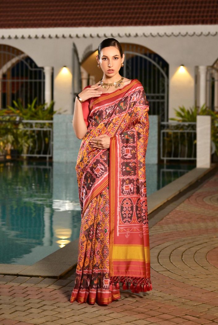 Buy MySilkLove Neon Orange Printed Patola Soft Silk Saree Online