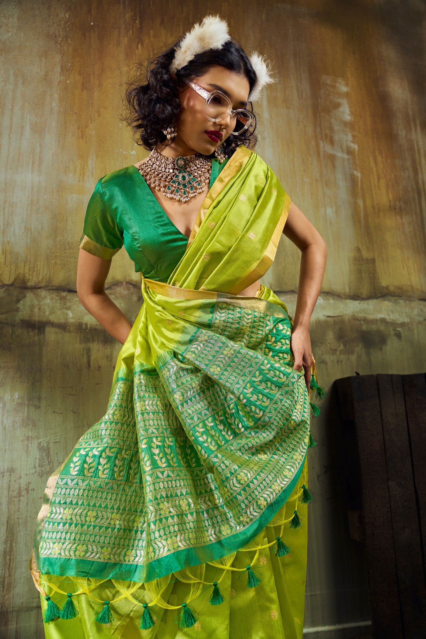 Buy MySilkLove Neon Green Tussar Handloom Silk Saree Online