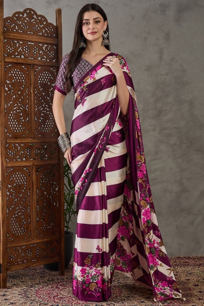 Buy MySilkLove Cosmic Purple Stripe Printed Floral Satin Gaji Silk Saree Online