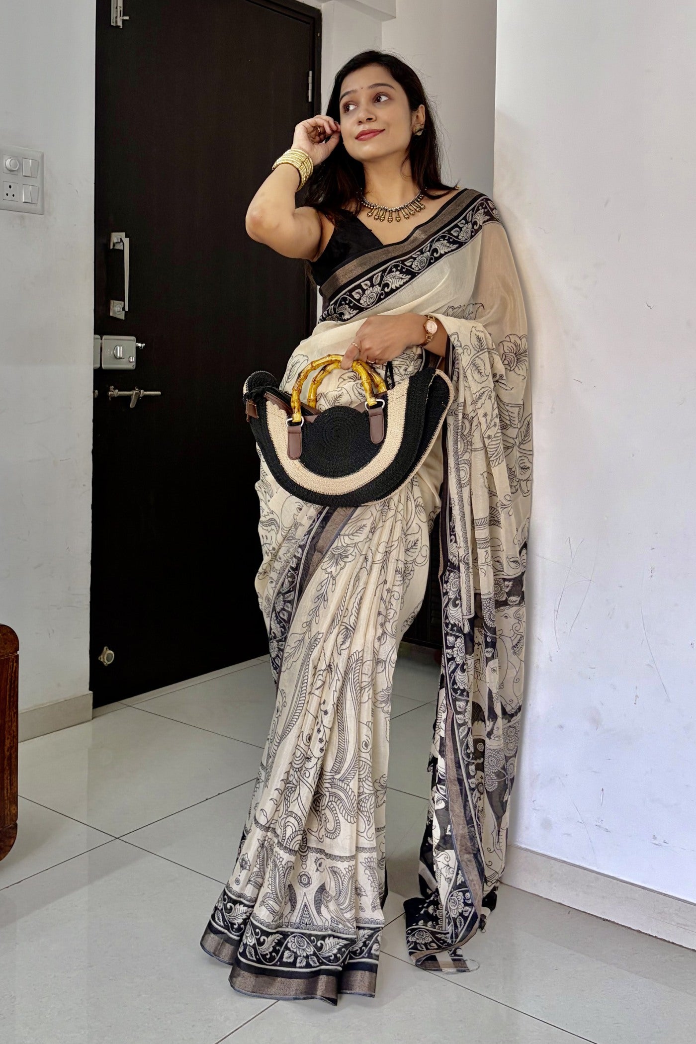 Buy MySilkLove Onyx Black and Cream Mul Cotton Kalamkari Saree Online