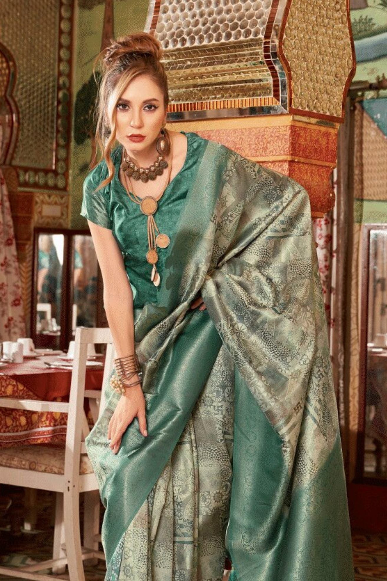 MySilkLove Sage Green Banarasi Digital Printed Saree