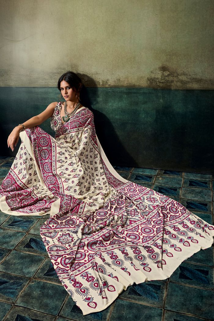 Buy MySilkLove Windsor Cream Modal Ajrakh Satin Printed Silk Saree Online