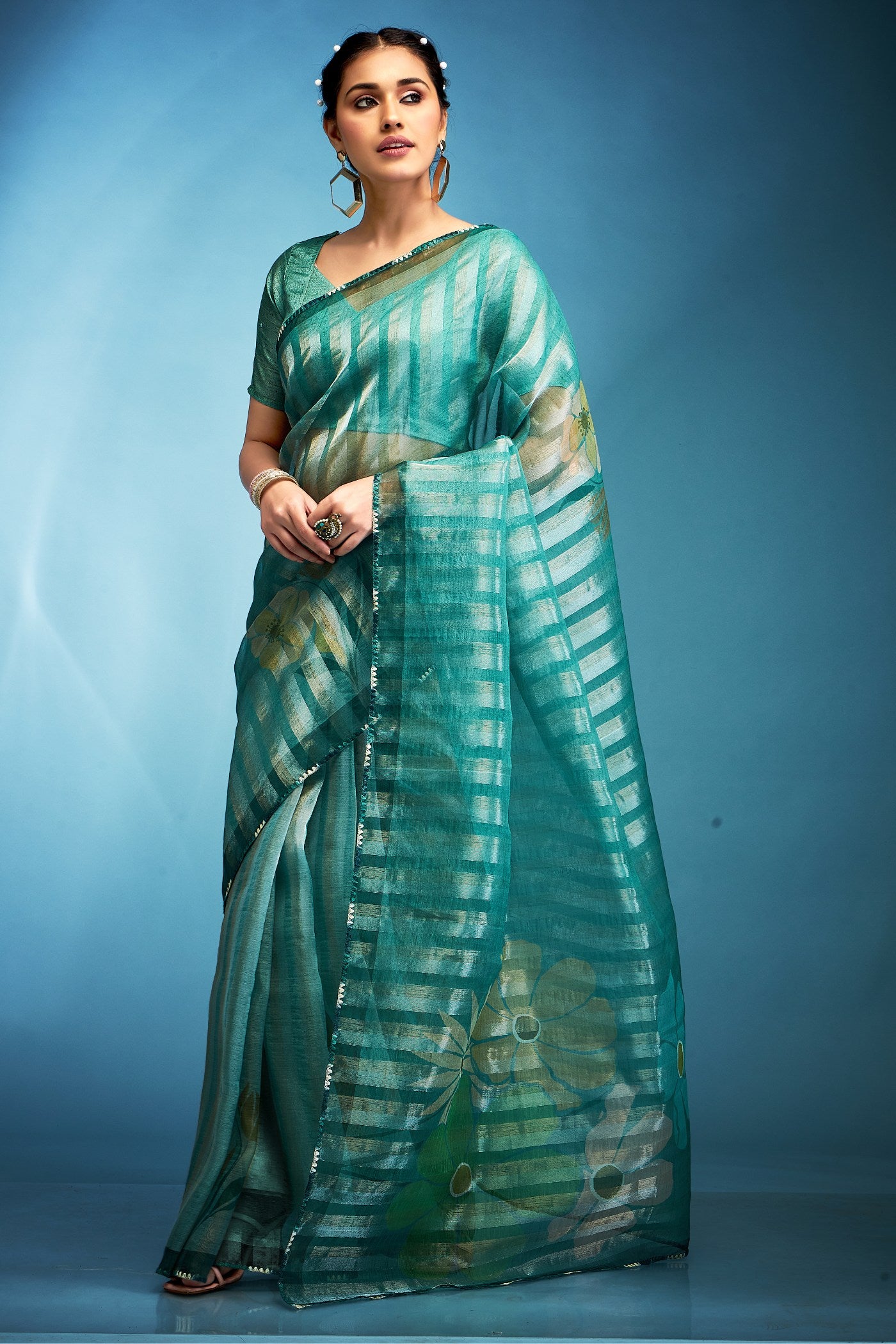 Buy MySilkLove Butterfly Blue Printed Tissue Saree Online