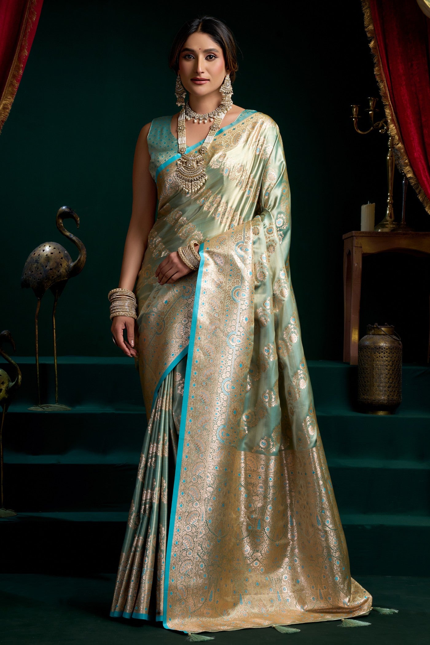 Buy MySilkLove Tiffany Blue Banarasi Handloom Satin Soft Silk Sare Online