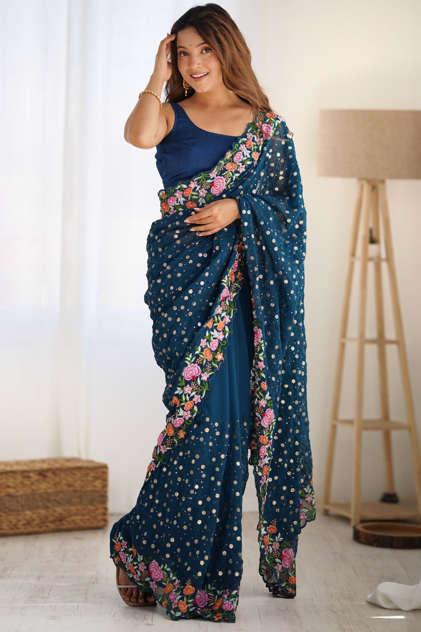 Buy MySilkLove Blue Stone Embroidered Georgette Saree Online