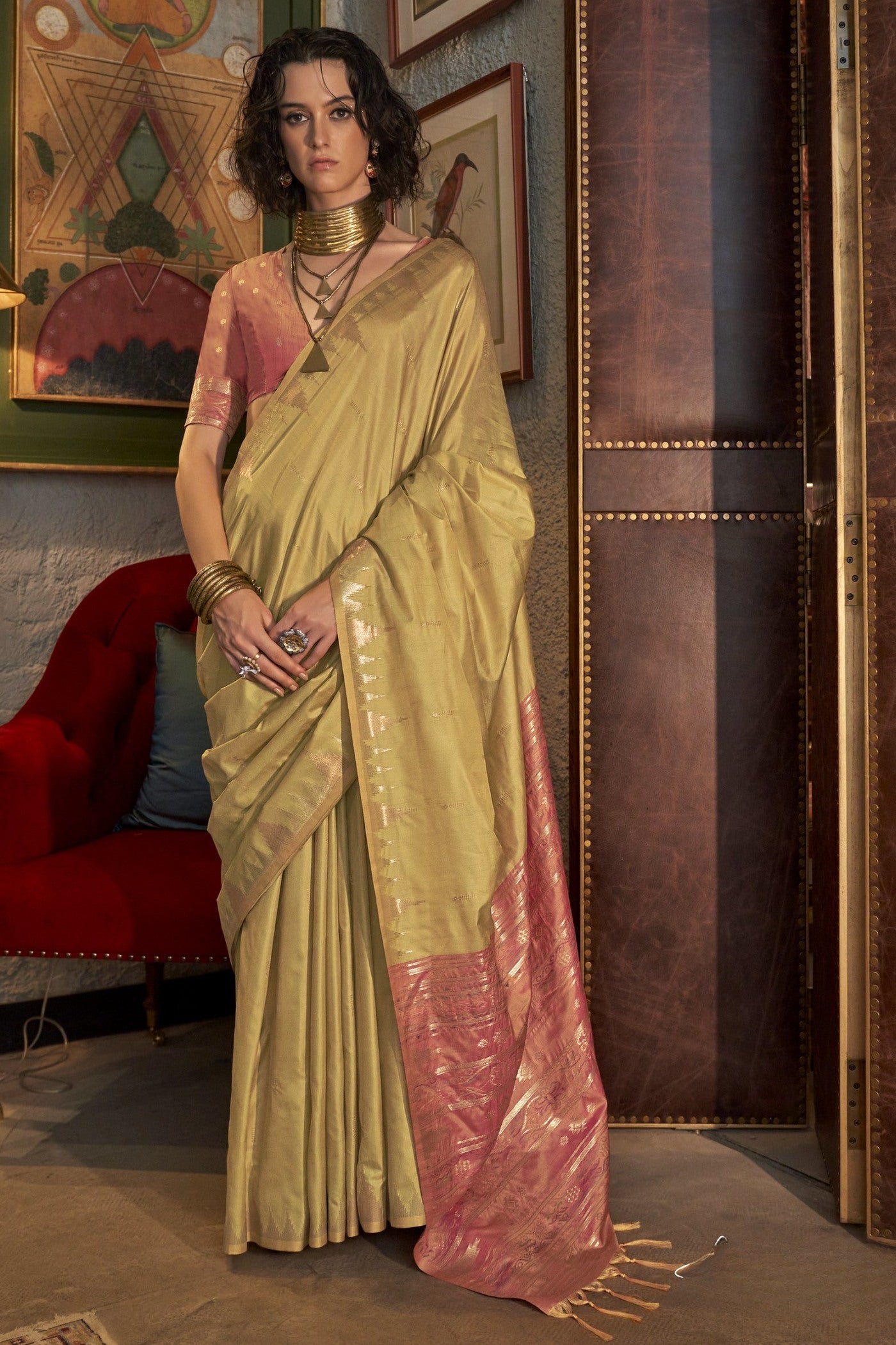 Buy MySilkLove Zest Yellow Woven Linen Saree Online