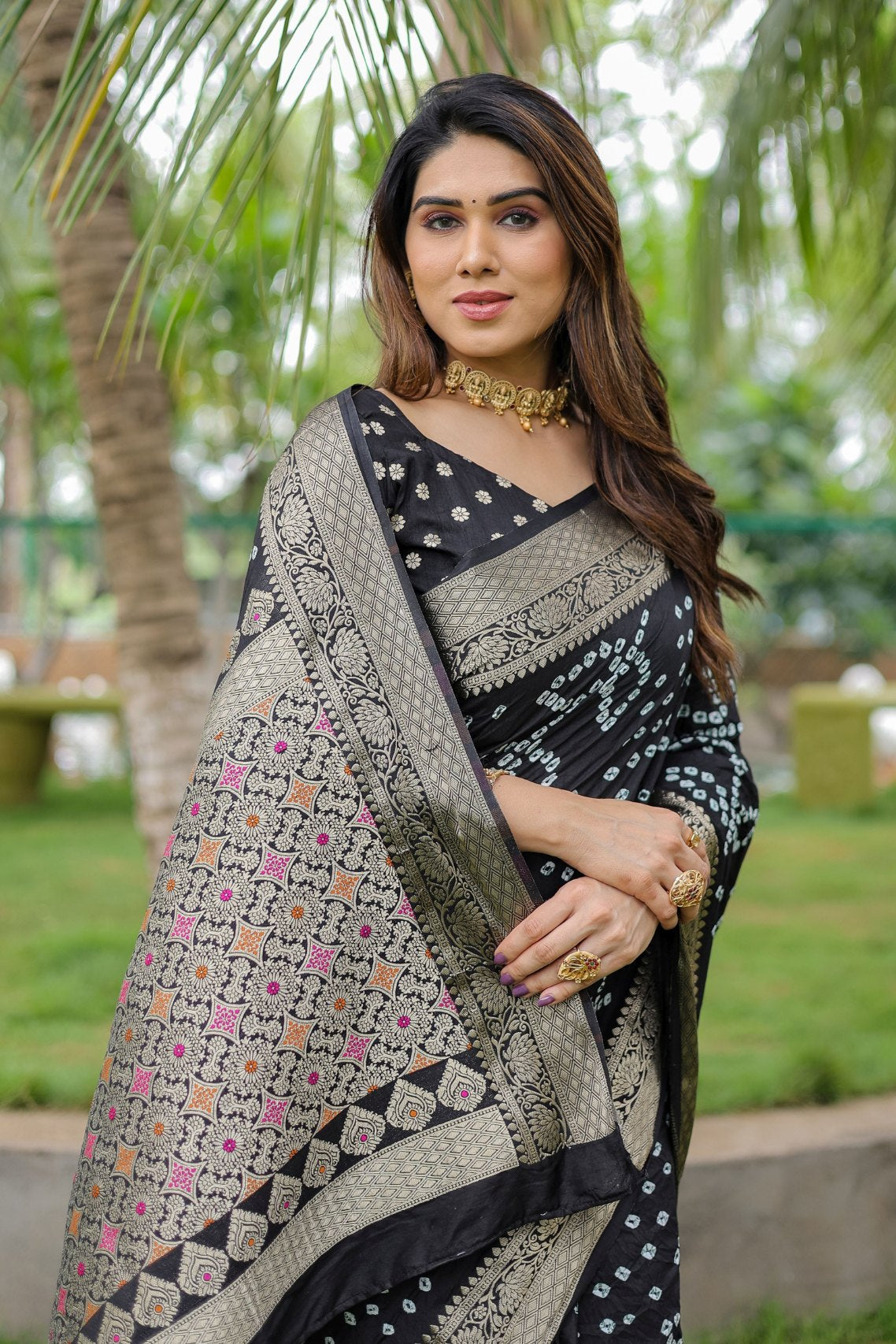 Buy MySilkLove Tuna Black Woven Bandhani Dola Silk Saree Online