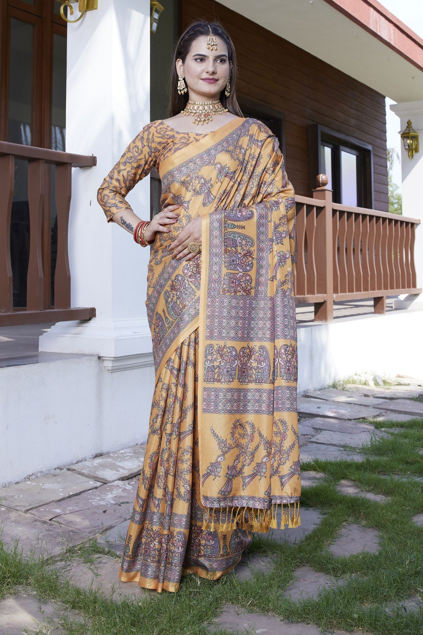 Buy MySilkLove Marigold Yellow Banarasi Digital Printed Saree Online