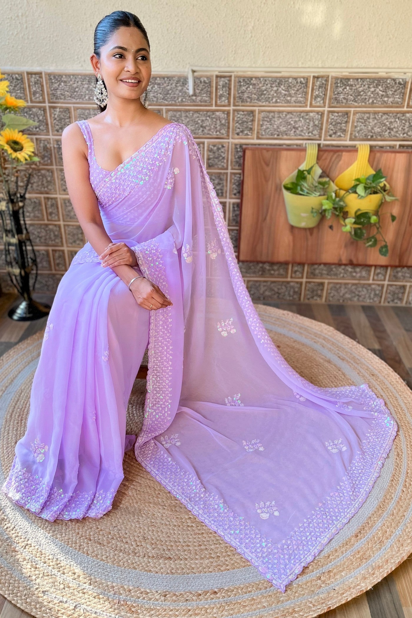 MySilkLove Crocus Lavender Embroidery Georgette saree