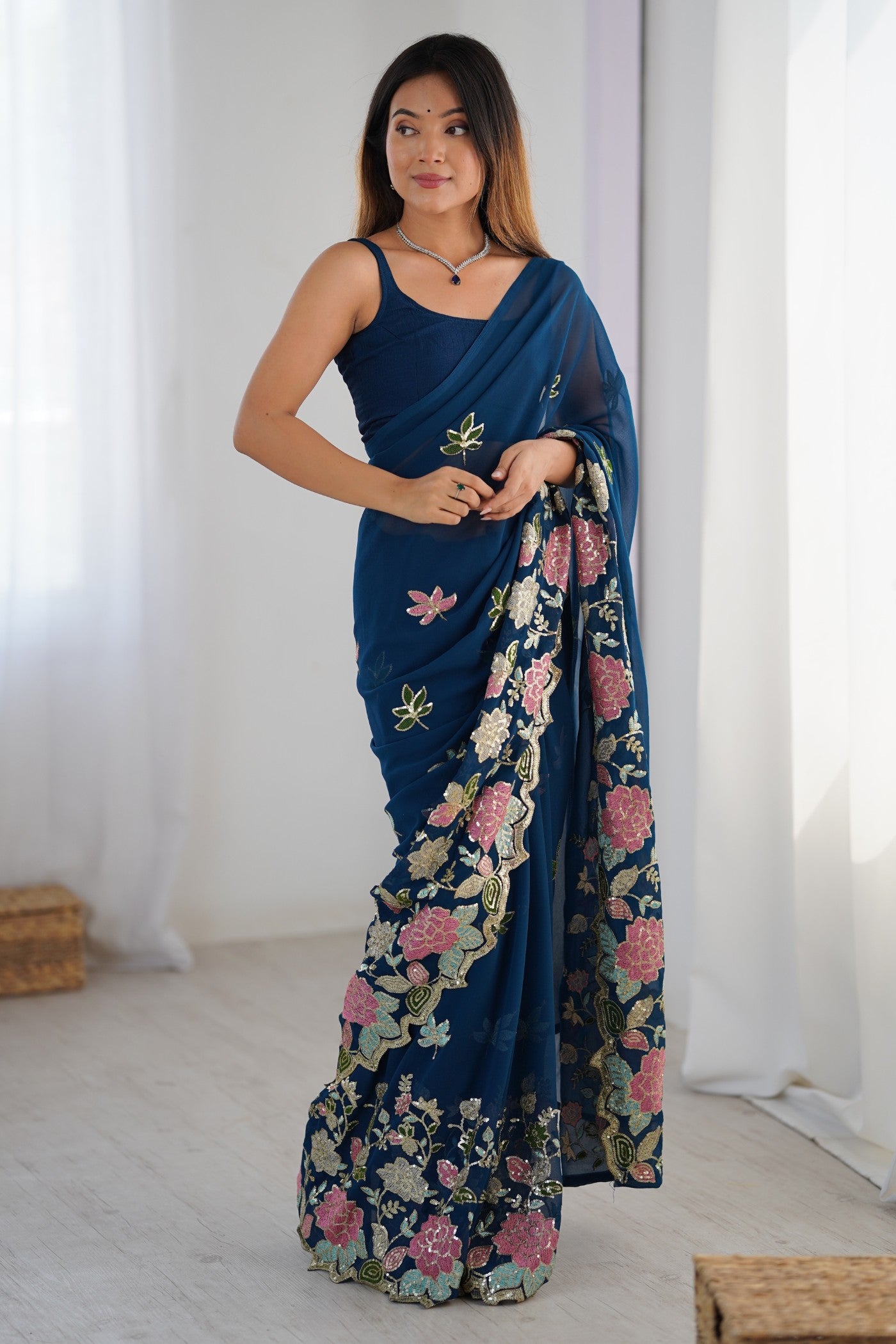 Buy MySilkLove Resolution Blue Georgette Partwaer Saree Online