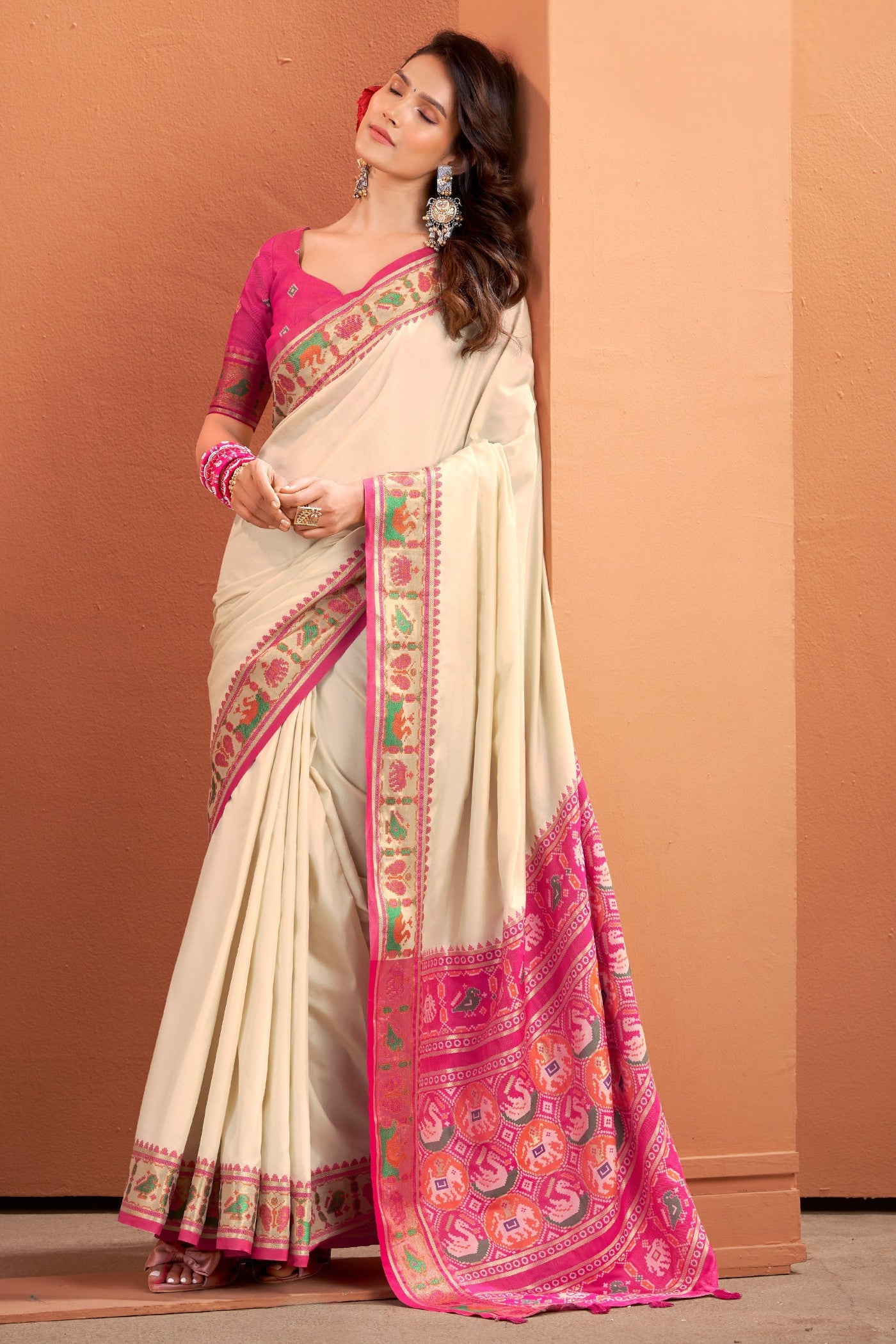 Buy MySilkLove Chiffon Cream Woven Banarasi Patola Silk Saree Online