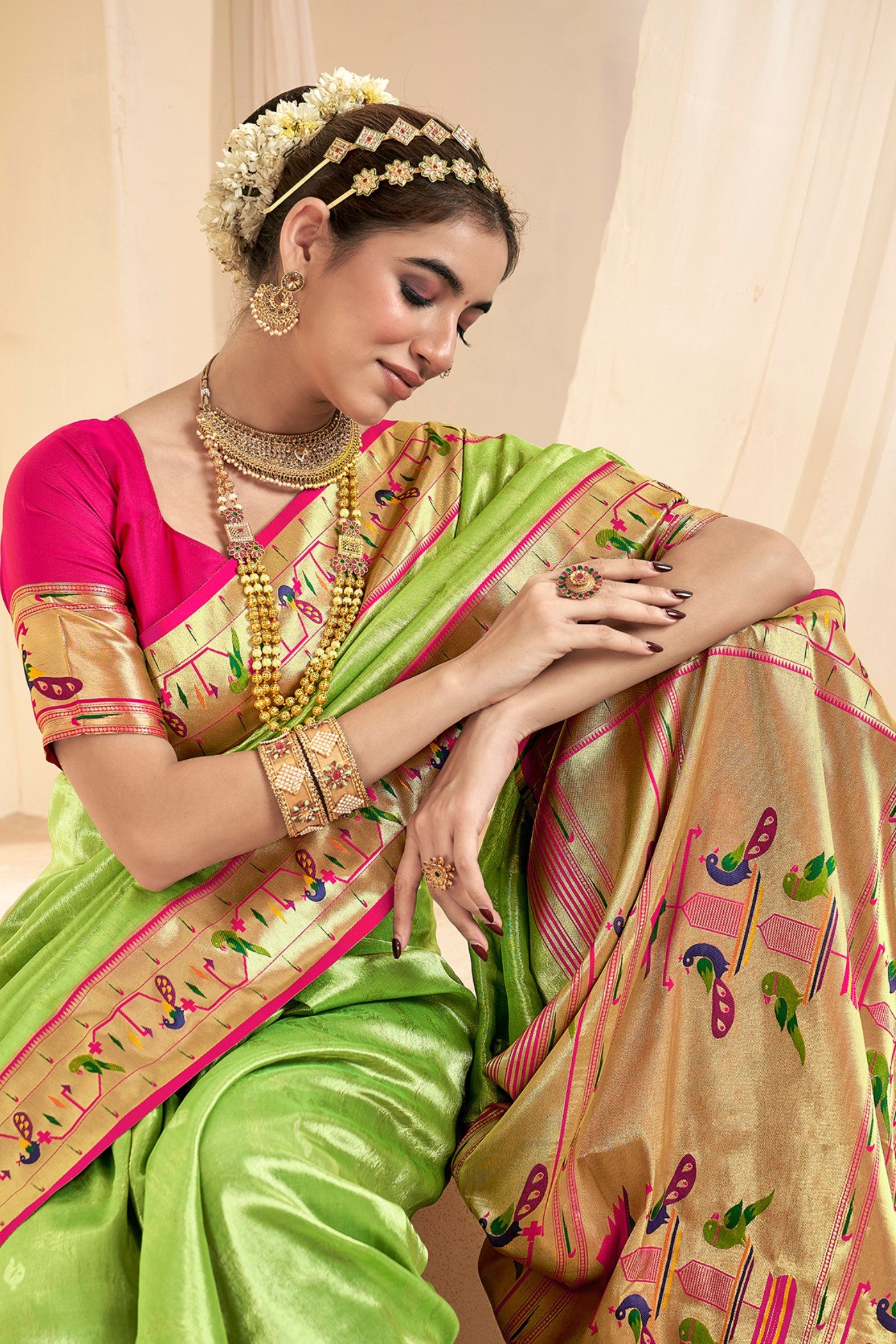 Buy MySilkLove Primrose Green Zari Woven Paithani Tissue Saree Online