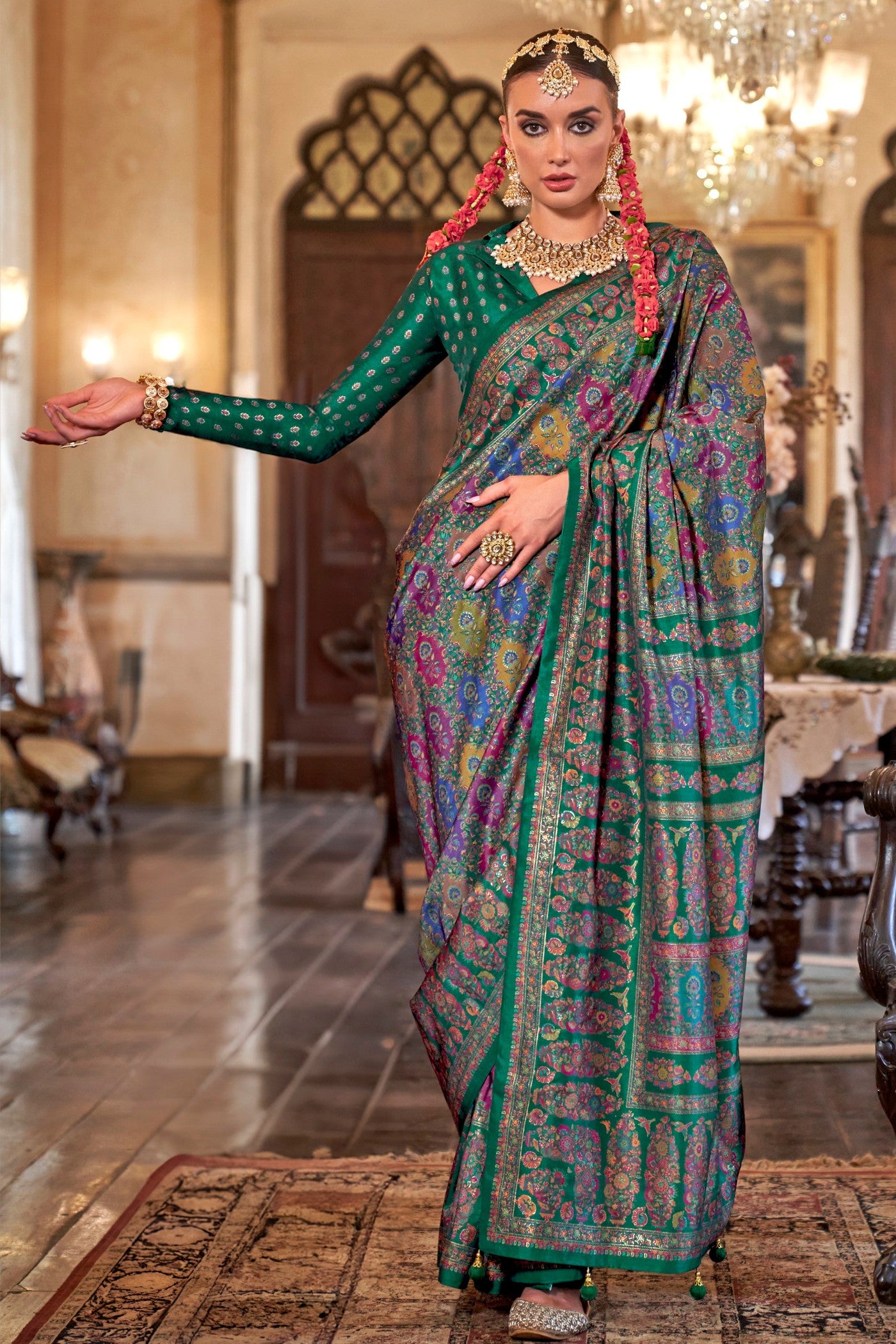 Buy MySilkLove Plantation Green Printed Jamewar Saree Online