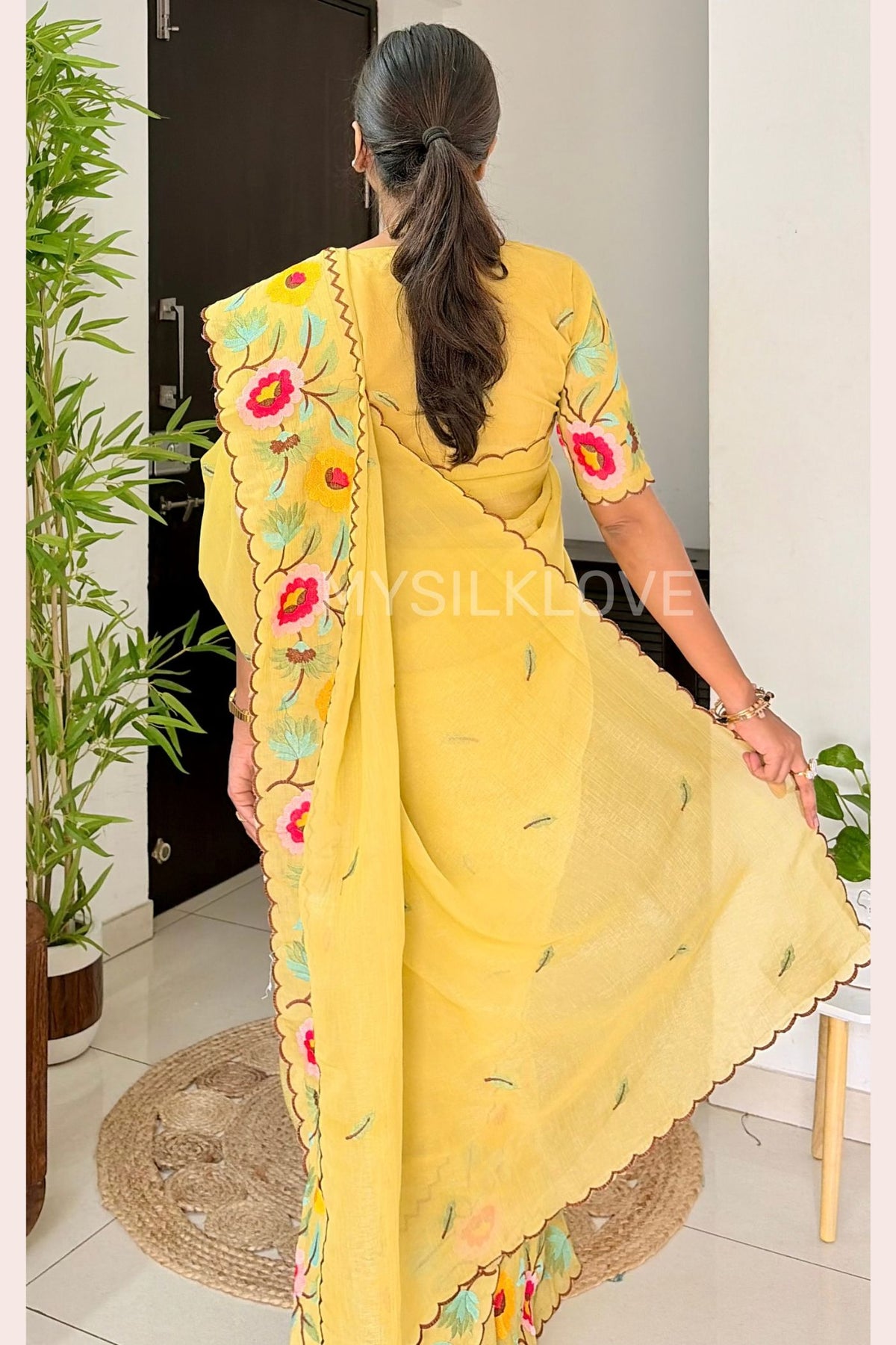 Buy MySilkLove Cornsilk Yellow Floral Embroidery Crunchy Chiffon Saree Online