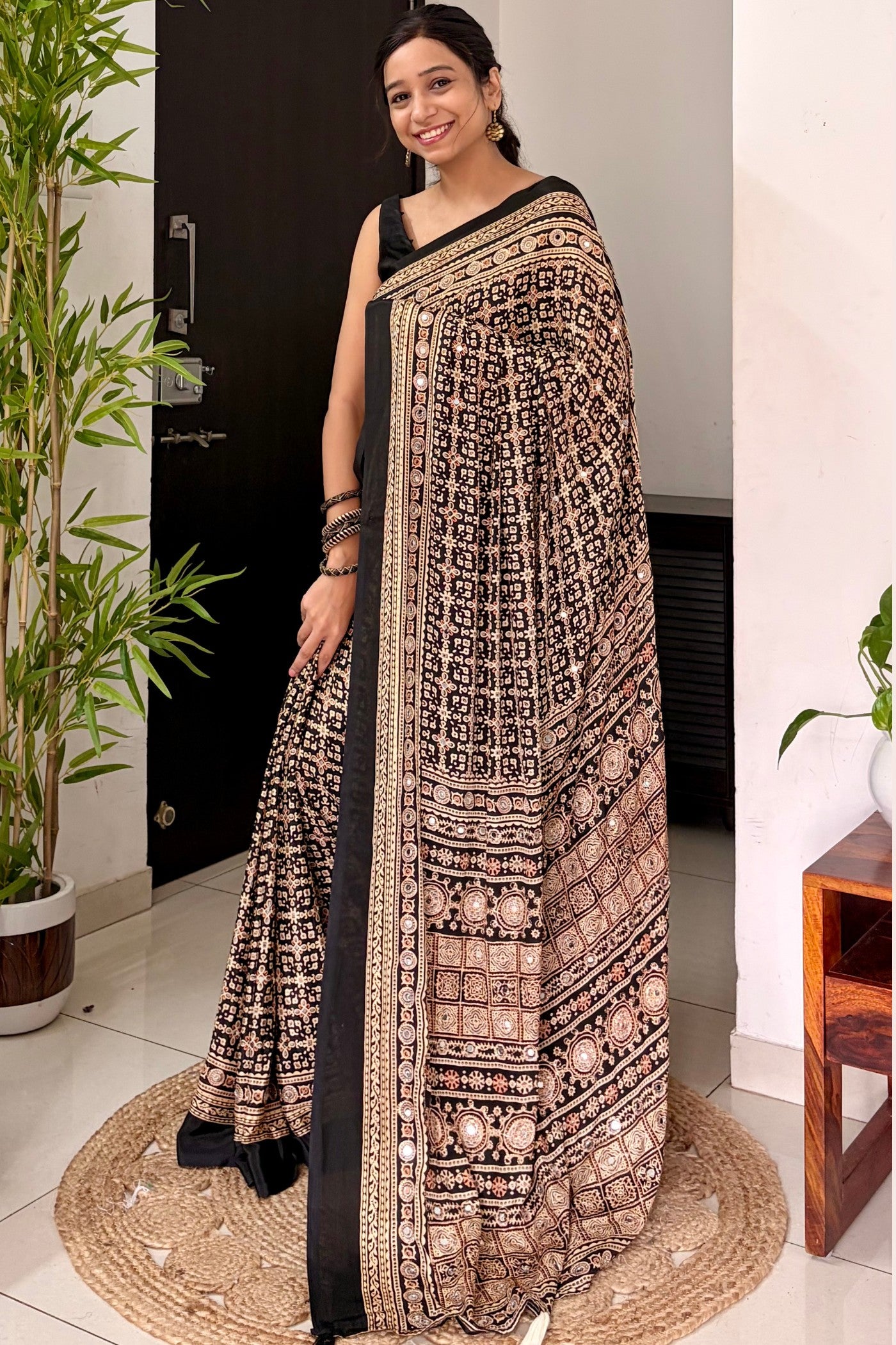 Buy MySilkLove Metal Black Modal Ajrakh Satin Printed Mirror Work Saree Online