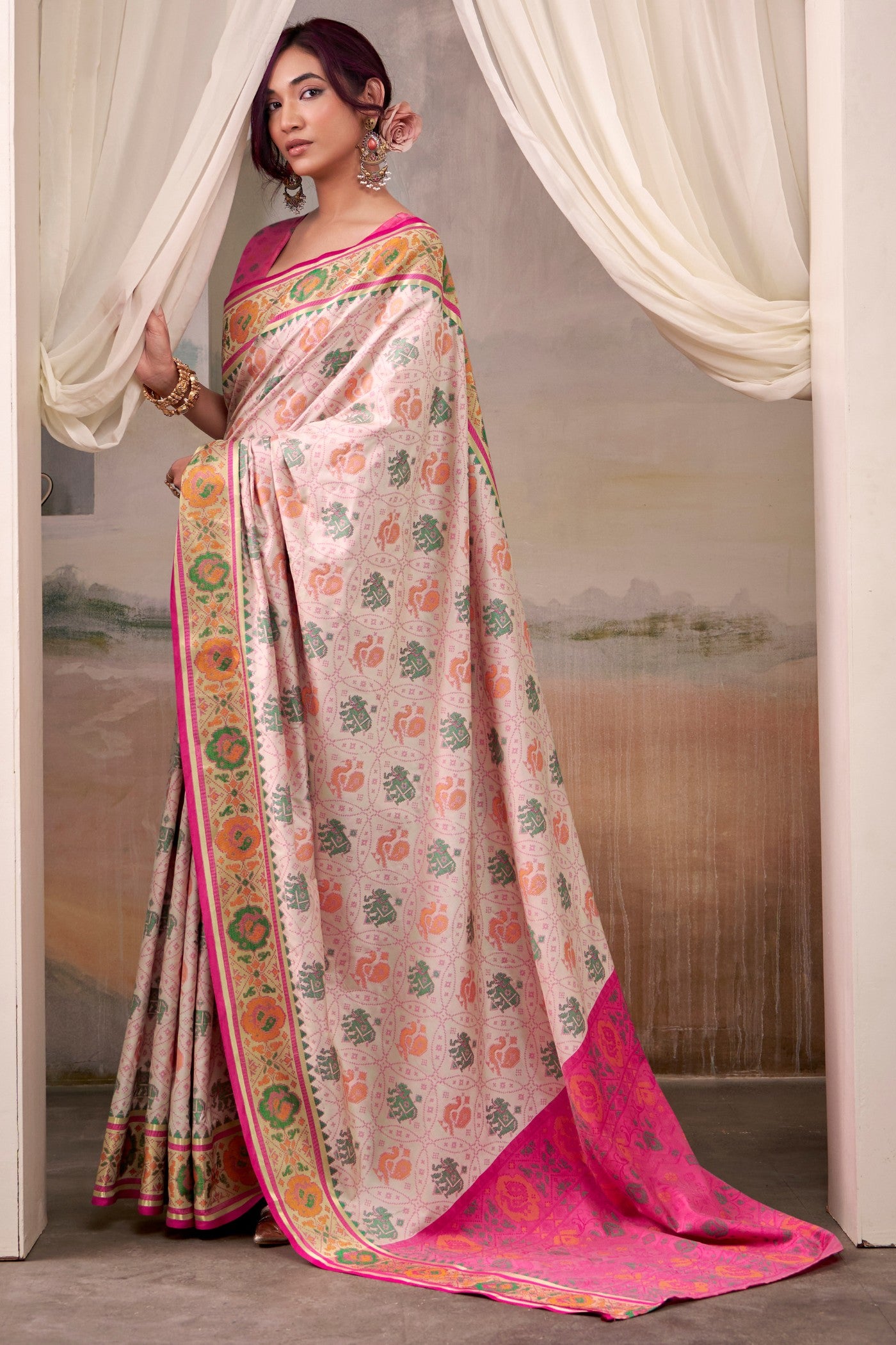 Buy MySilkLove Daisy Cream Woven Patola Silk Saree Online
