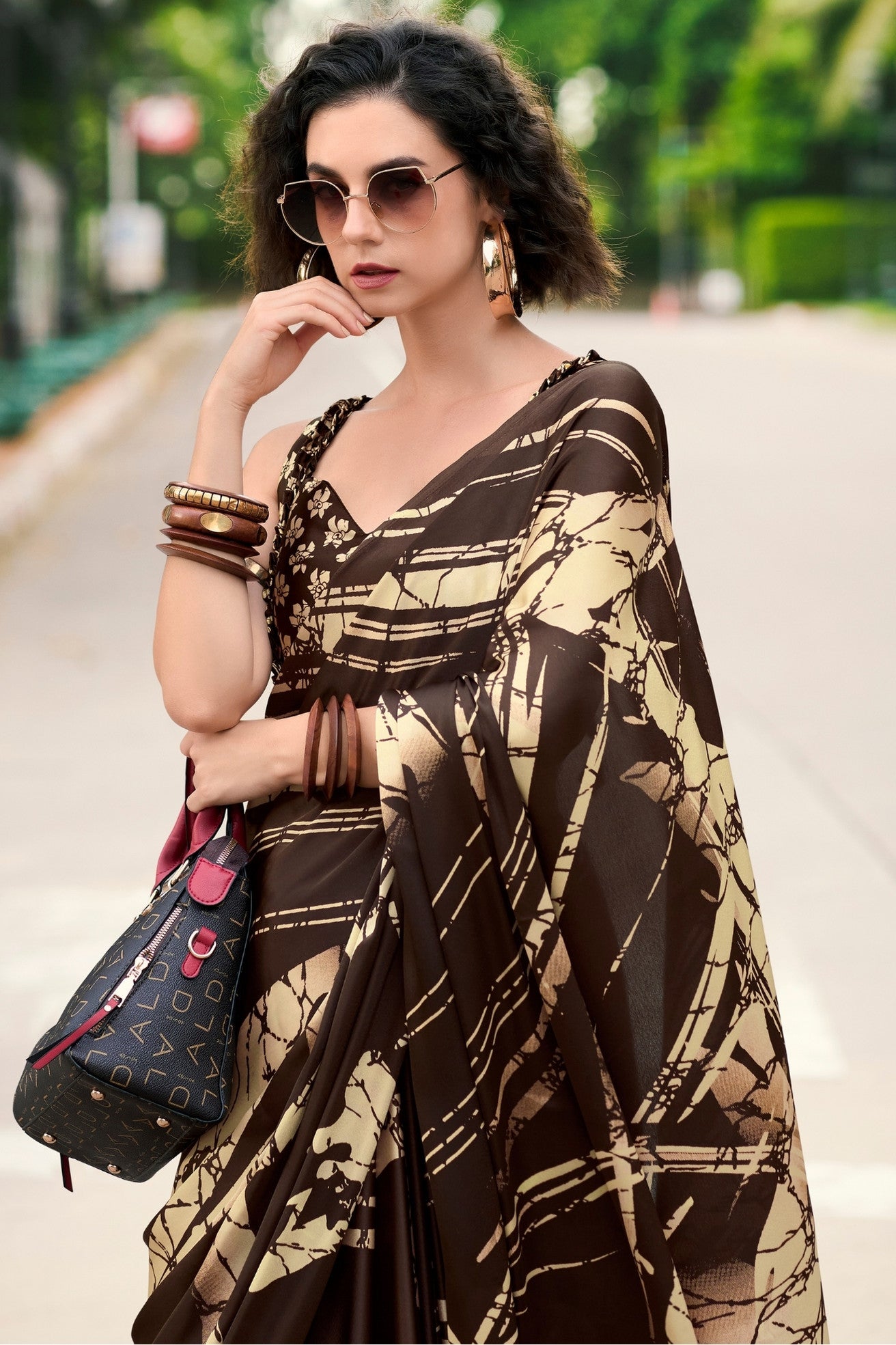 Buy MySilkLove Cold Coffe Brown Printed Satin Crepe Saree Online