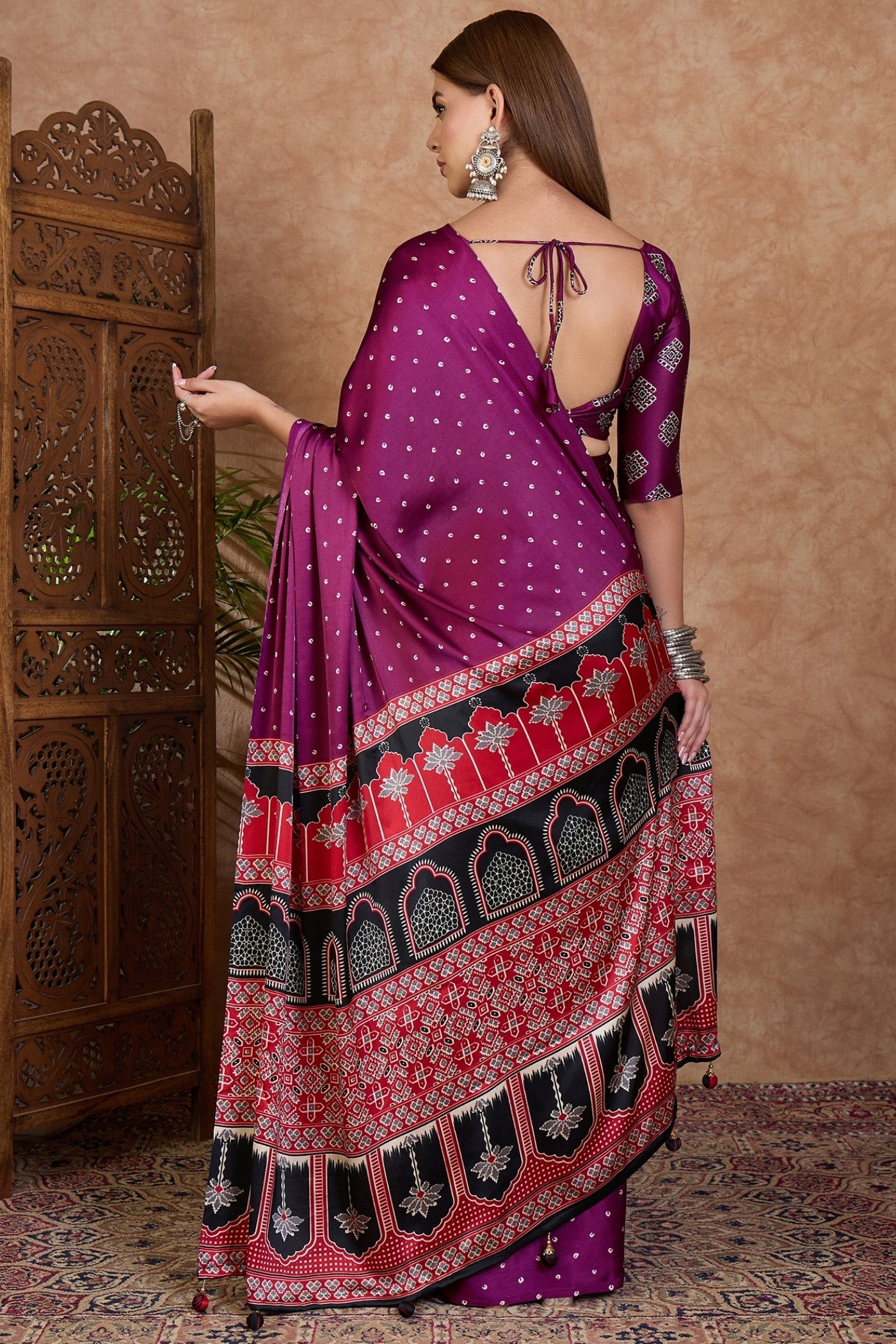 Buy MySilkLove Petunia Purple Ajrakh Printed Satin Crepe Silk Saree Online