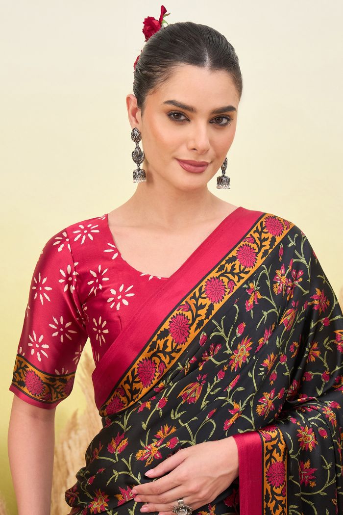 Buy MySilkLove Black Eel Modal Satin Printed Silk Saree Online