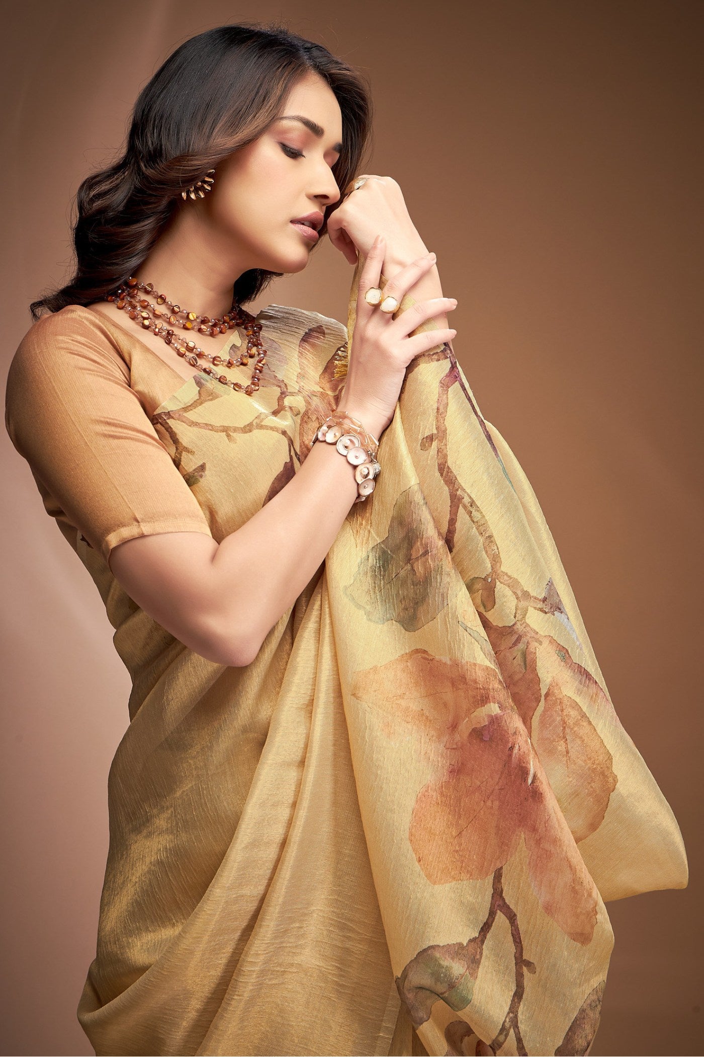 Buy MySilkLove Marigold Yellow Printed Tissue Saree Online