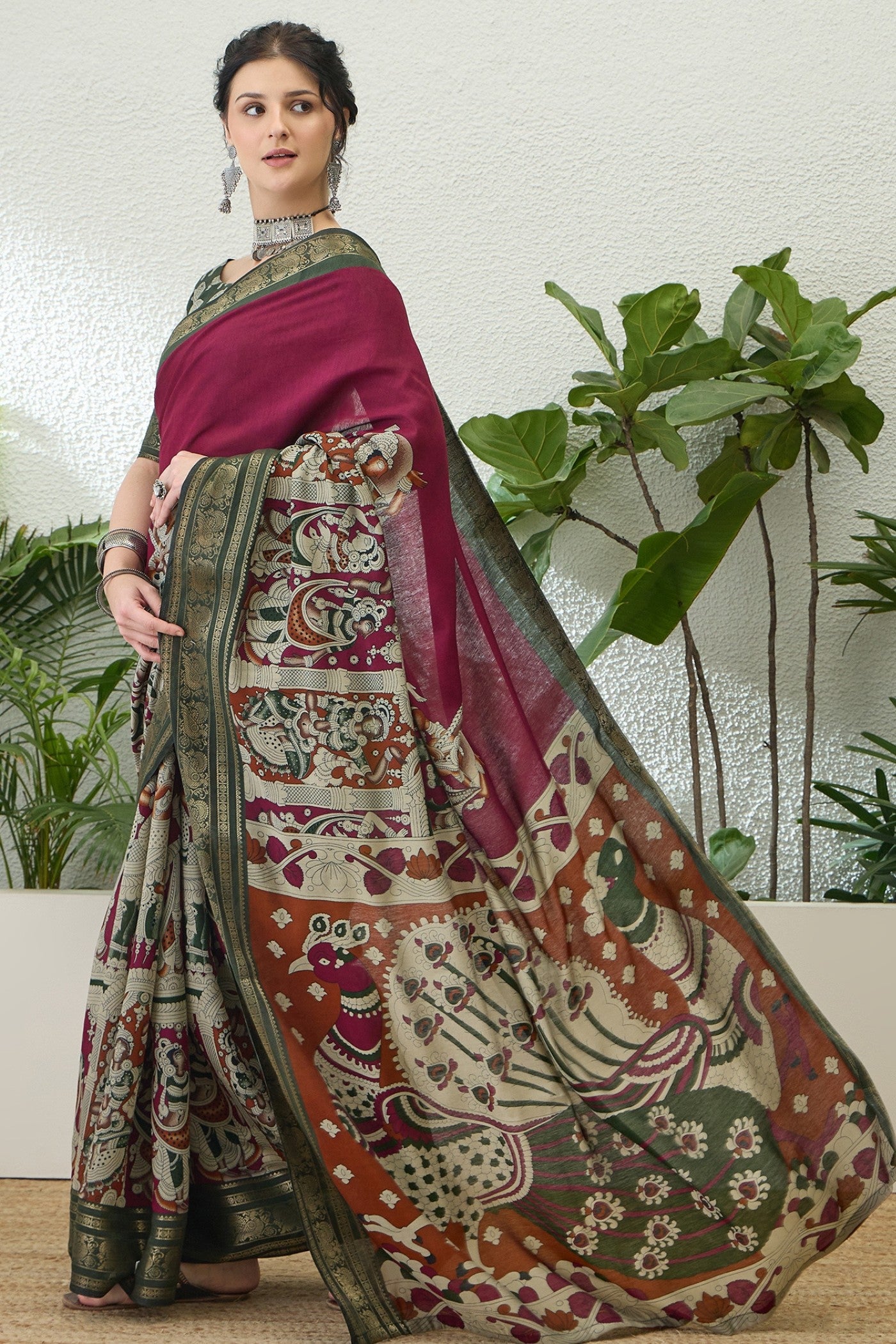 Buy MySilkLove Dark Tan Maroon Printed Cotton Saree Online