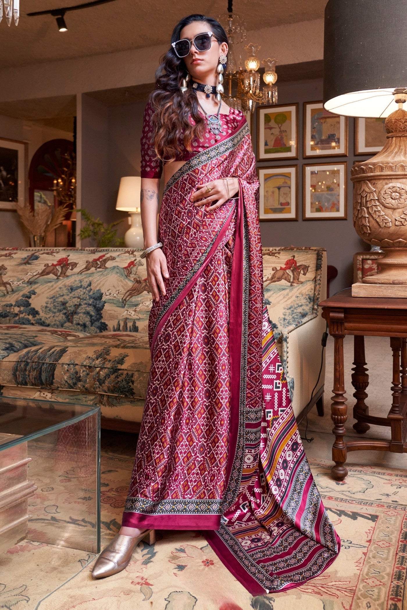 Buy MySilkLove Mocca Maroon Patola Printed Satin Crepe Saree Online