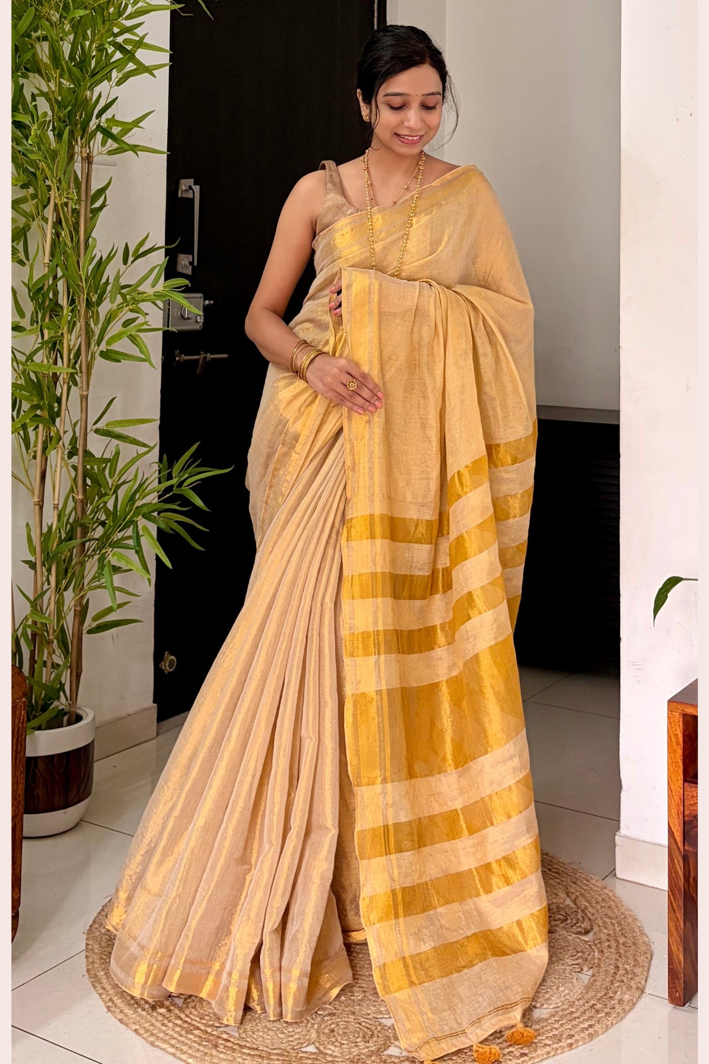 Buy MySilkLove Butter Cream Tissue Woven Silk Saree Online