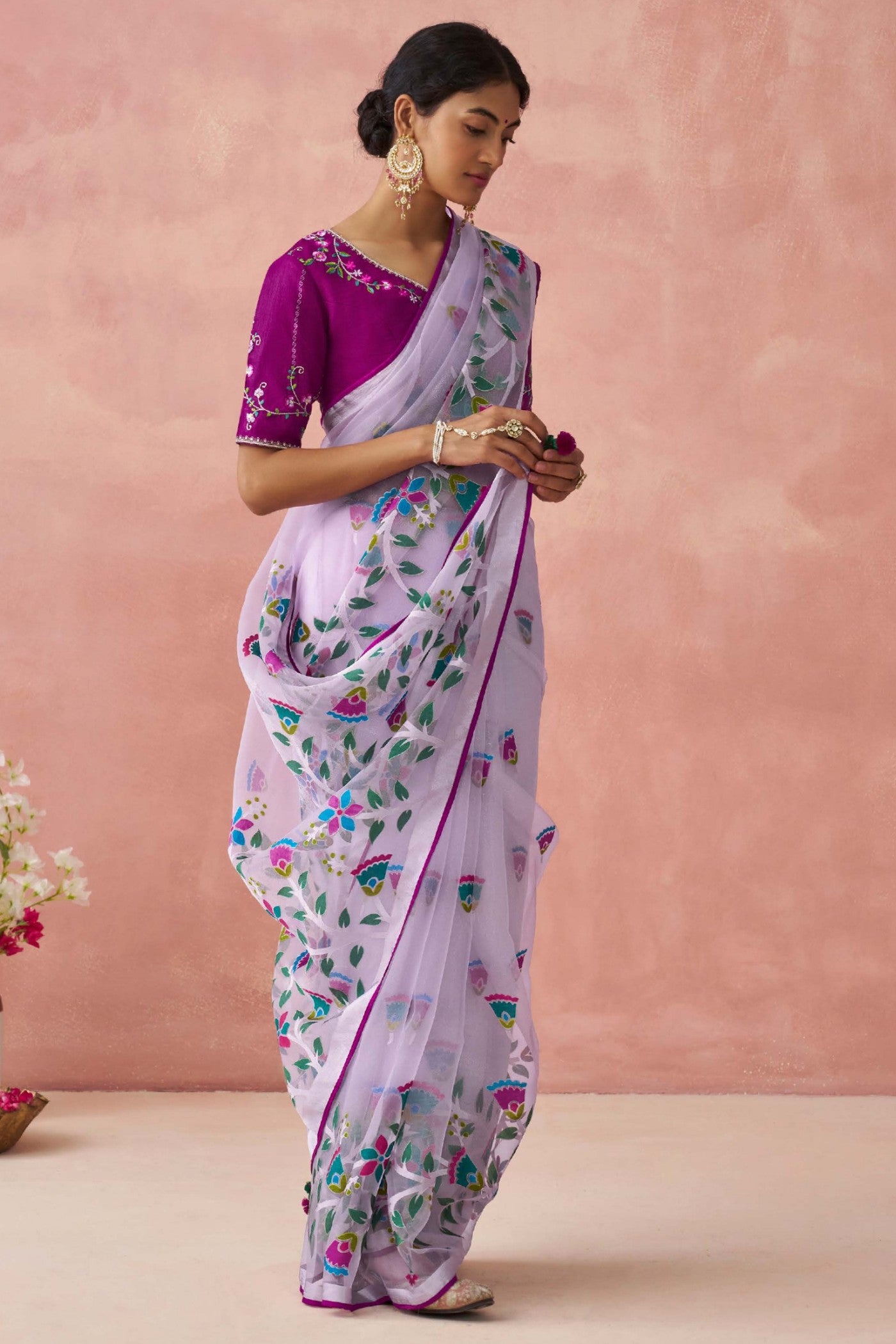 MySilkLove Mulled Wine Purple Brasso Organza Printed Saree