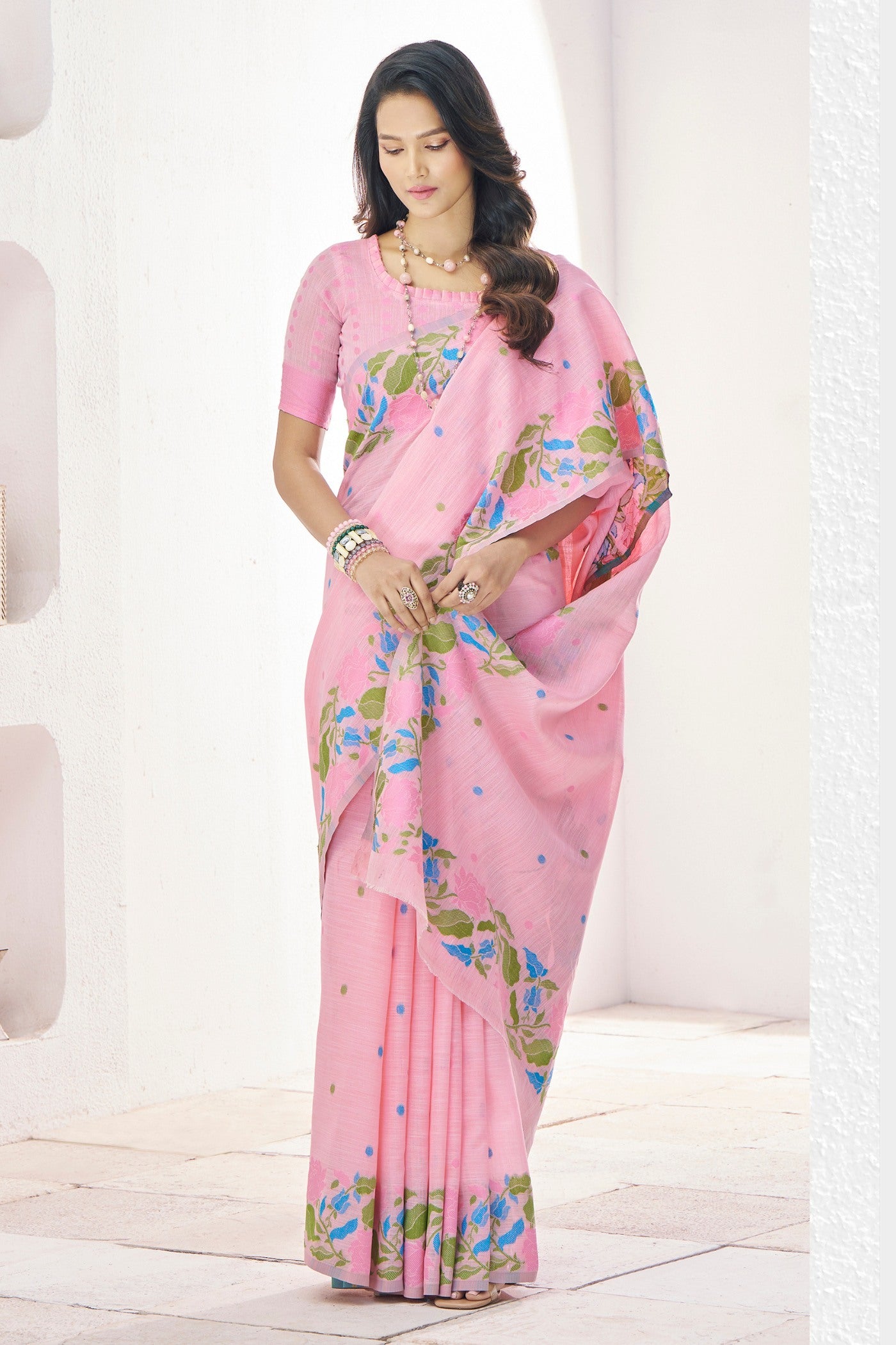 Buy MySilkLove Carissma Pink Printed Linen Saree Online