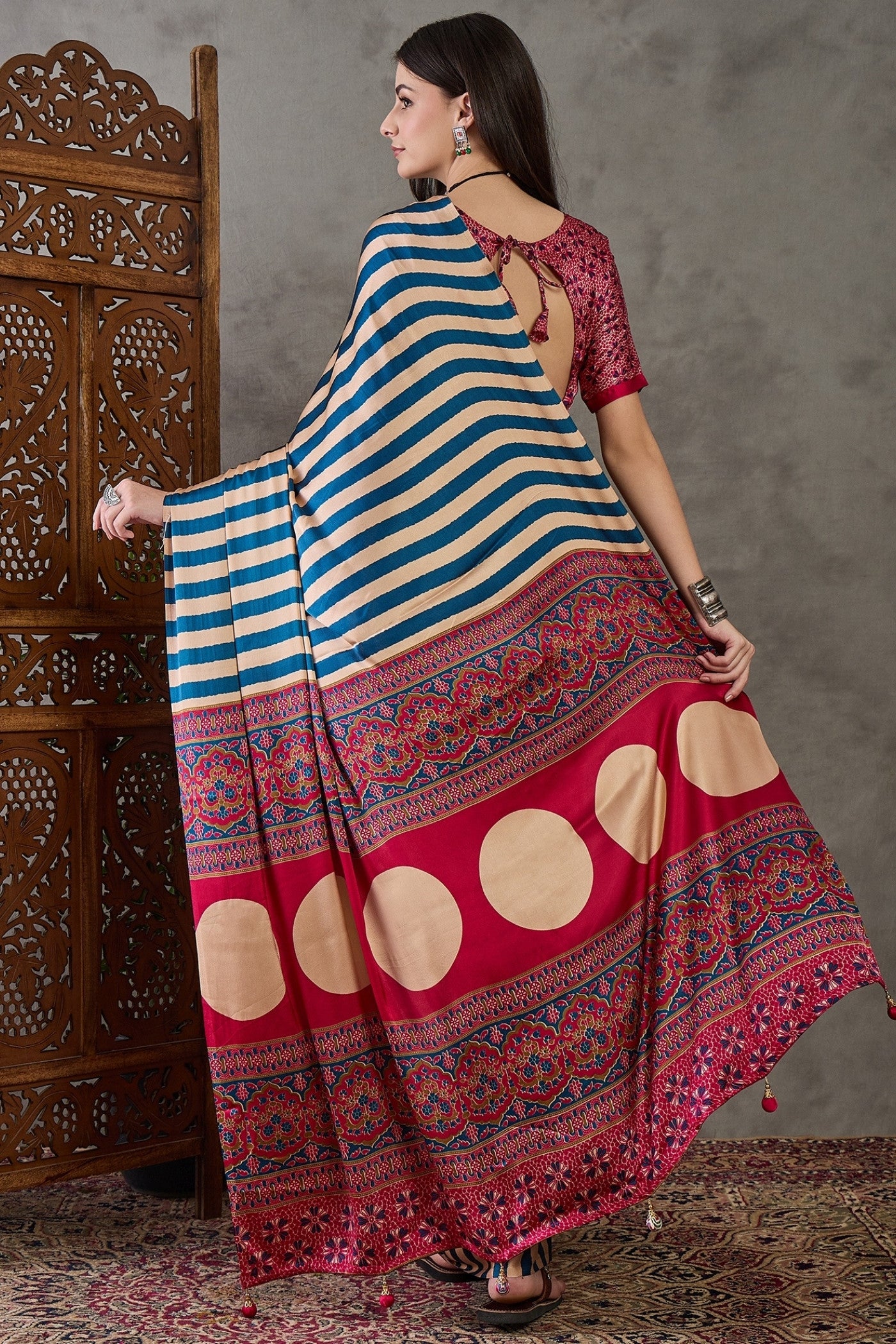 Buy MySilkLove Tuft Blue Stripe Ajrakh Printed Satin Gaji Silk Saree Online
