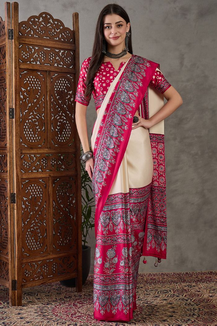 Buy MySilkLove Dust Cream and Red Ajrakh Printed Satin Gaji Silk Saree Online