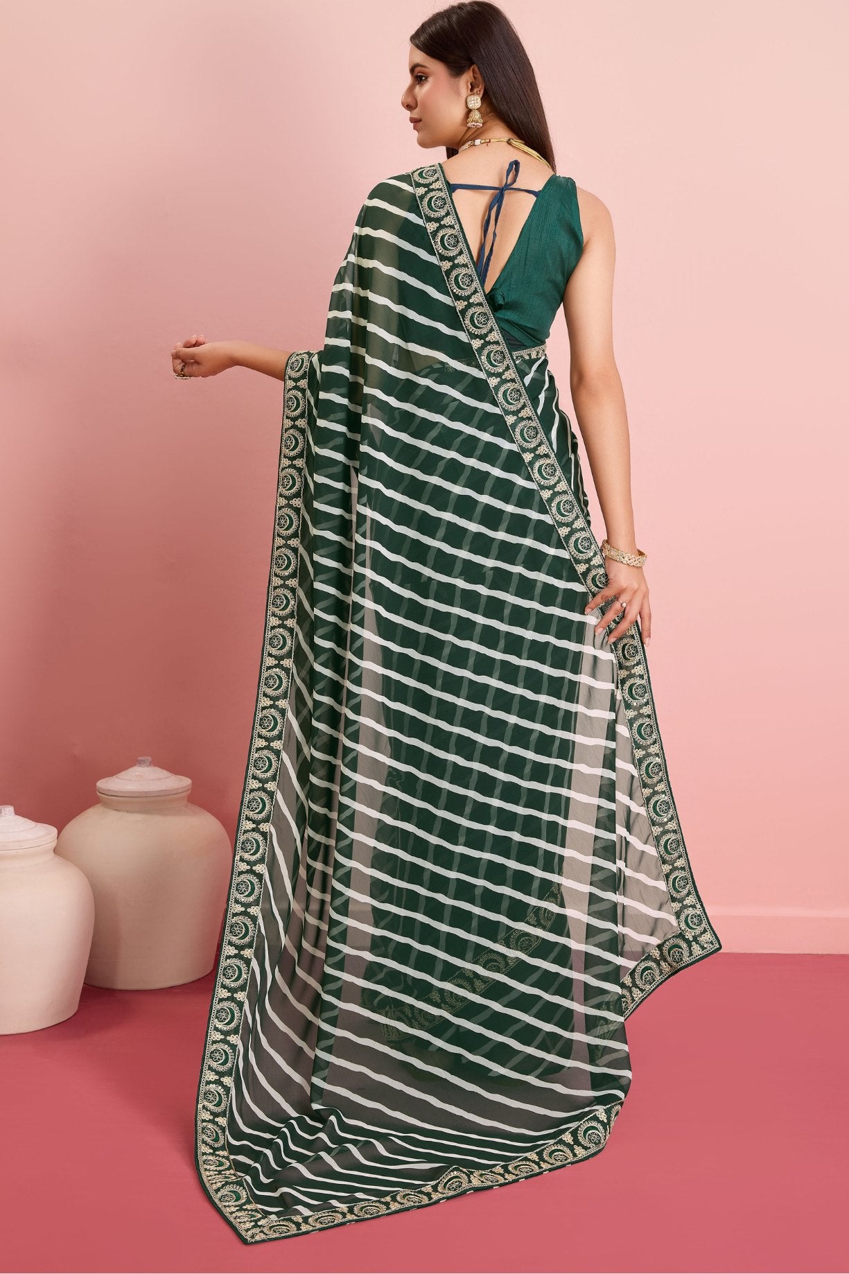 Buy MySilkLove Cape Cod Green Georgette Lehriya Silk saree Online