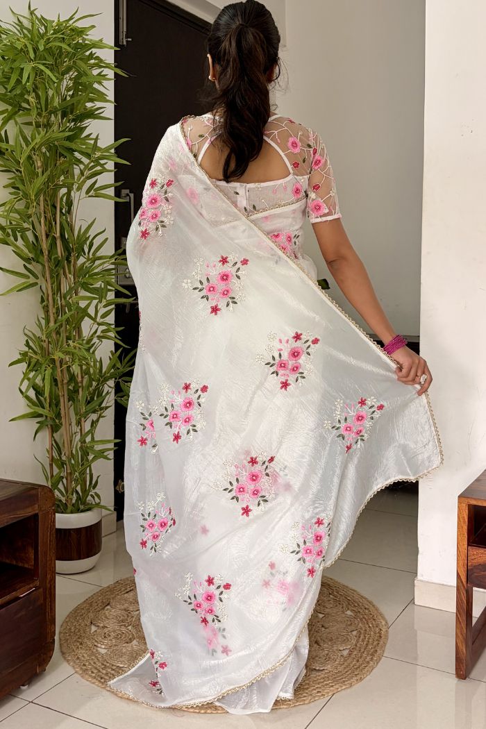 Buy MySilkLove Crystal White Floral Hand Embroidered Crush Tissue Saree Online