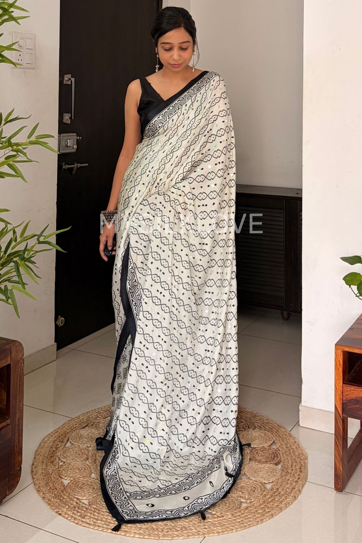 Buy MySilkLove Coconut White and Black Satin Printed Silk Saree Online