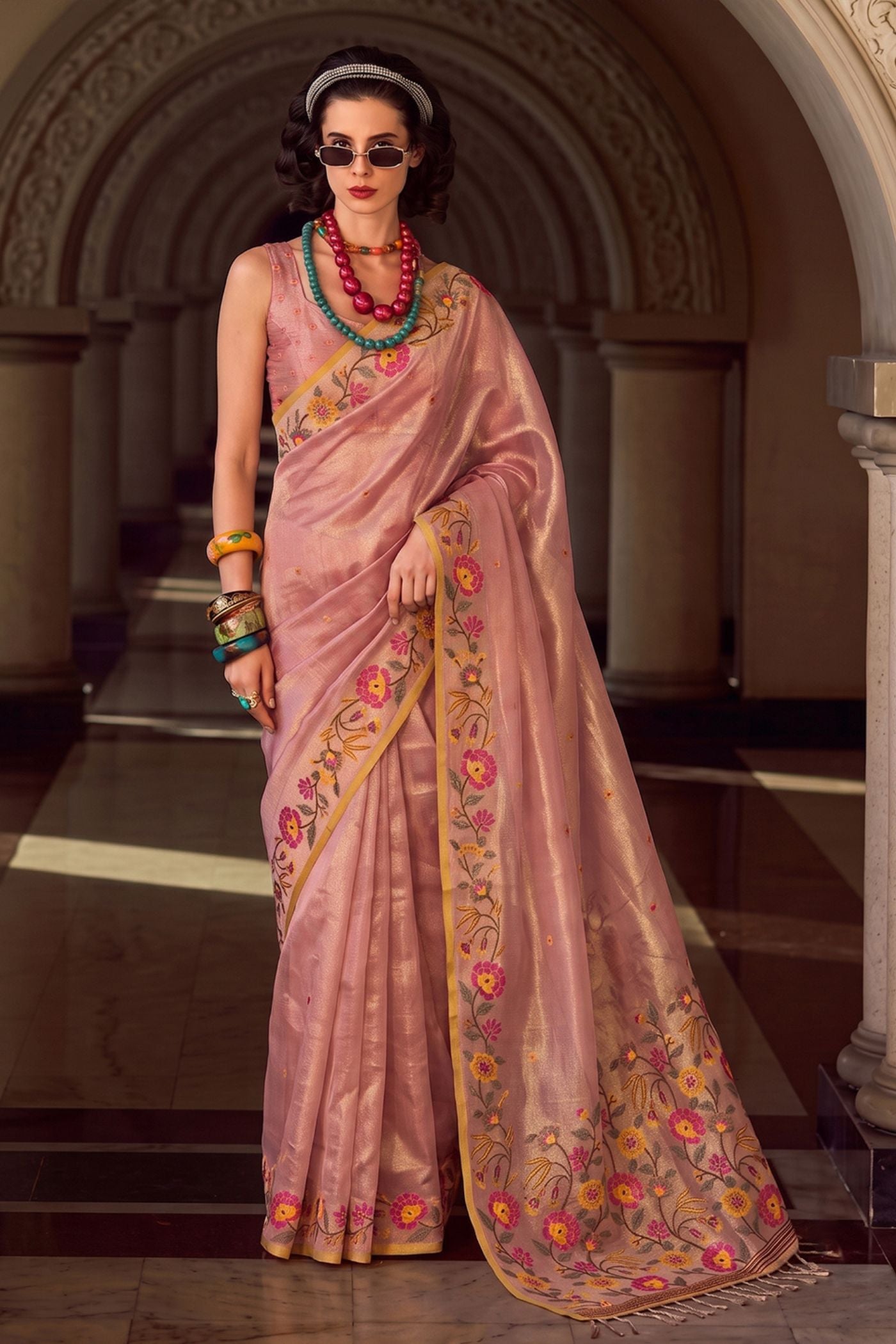 Buy MySilkLove Blush Pink Woven Floral Tissue Saree Online