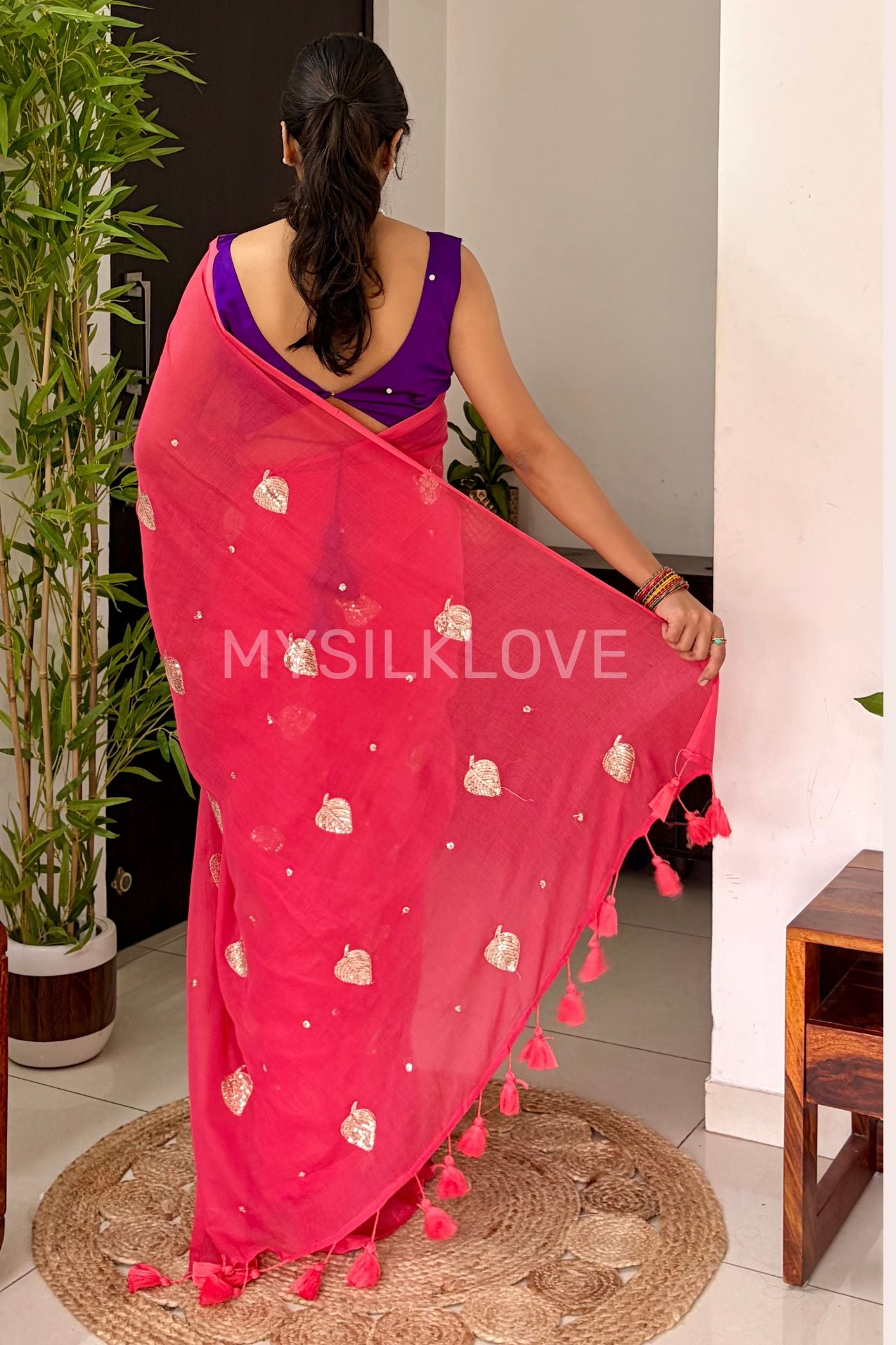 Buy MySilkLove Charm Pink Pure Mul Mul Cotton Leaf Sequin Work Saree Online