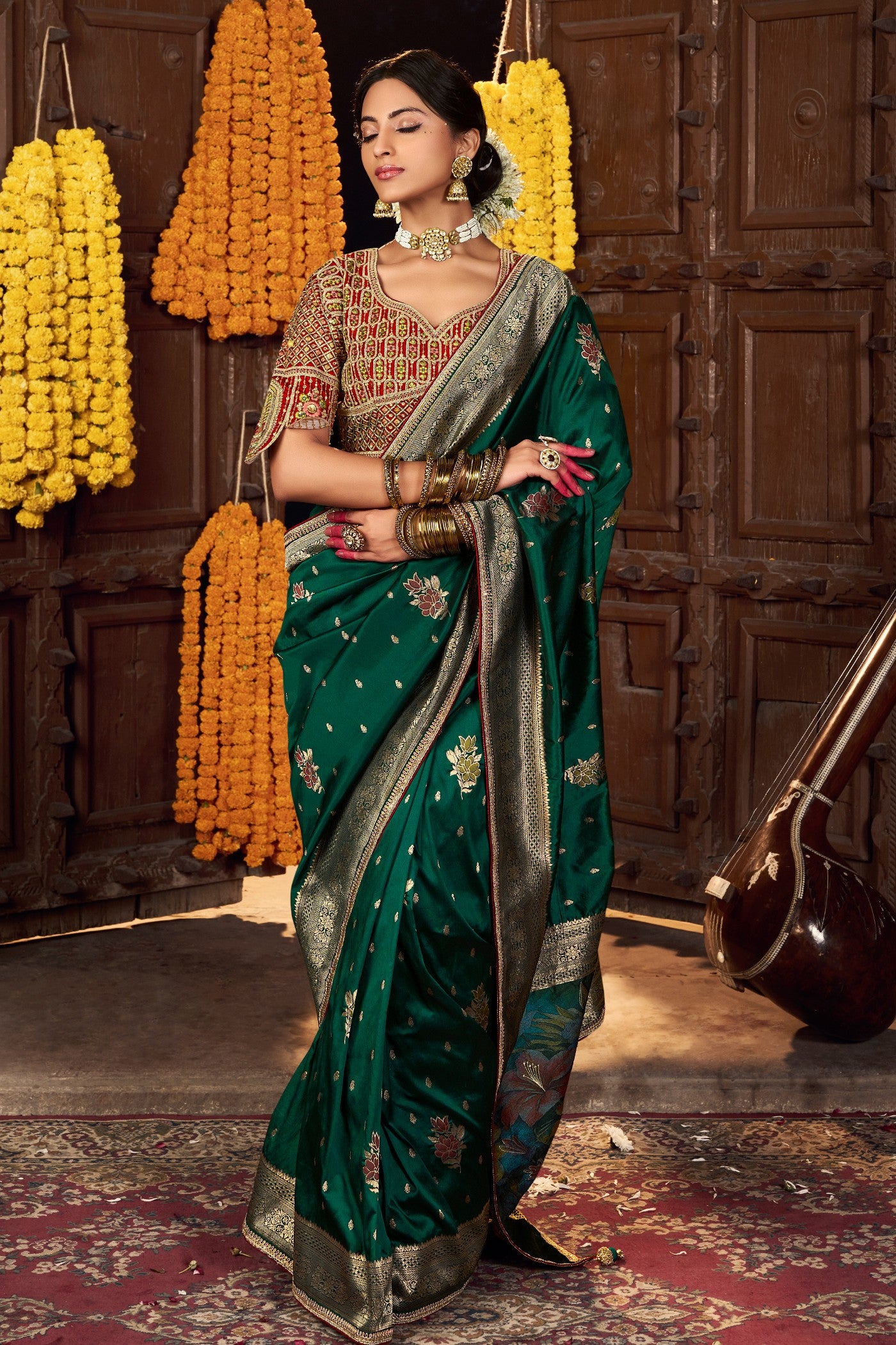 Buy MySilkLove Bottle Green Designer Banarasi Saree Online