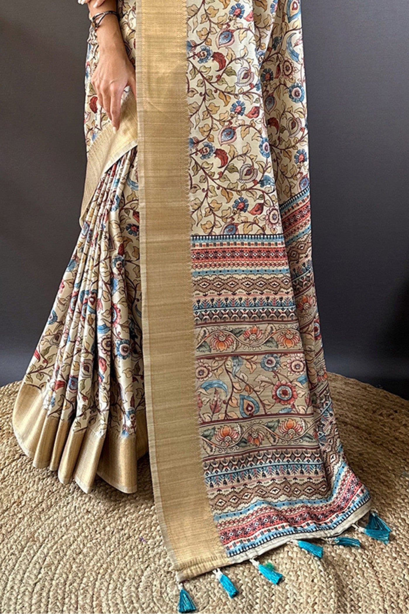 Buy MySilkLove Twine Cream and Grey Printed Tussar Silk Saree Online