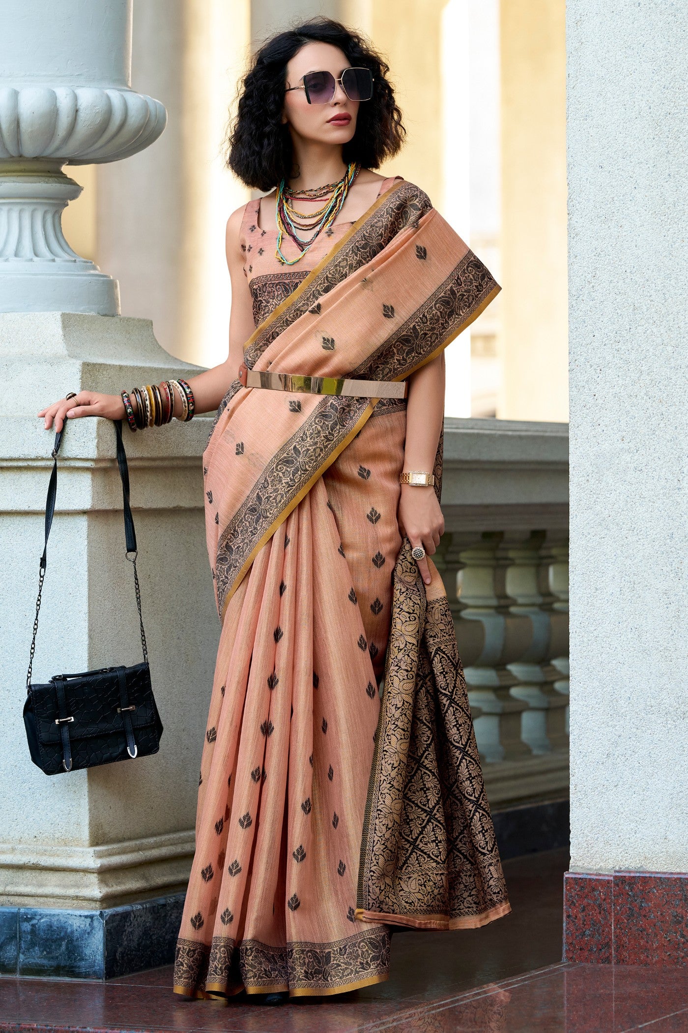 Buy MySilkLove Warm Peach Tissue Linen Saree Online