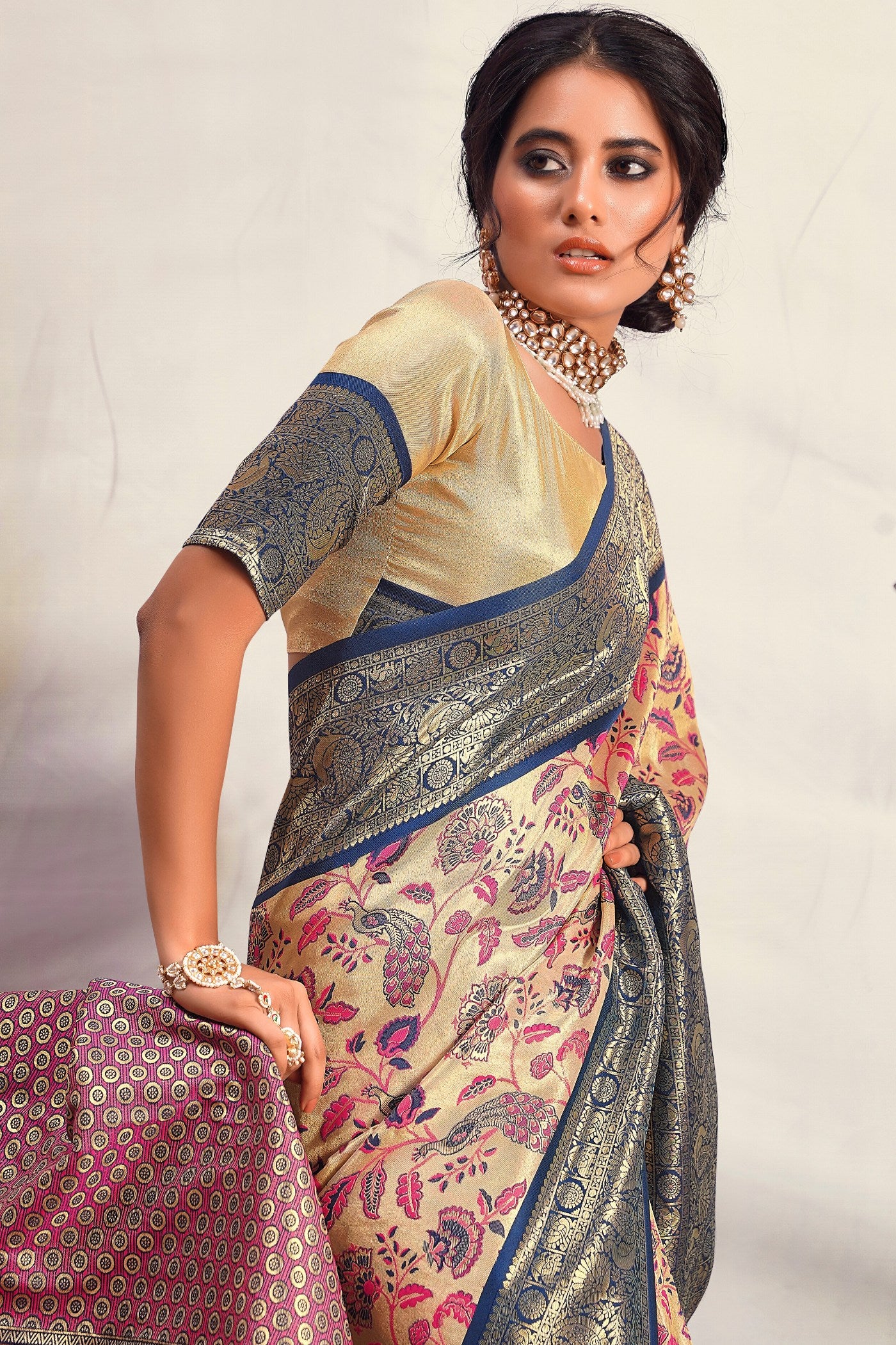 Buy MySilkLove Thatch Purple and Cream Woven Banarasi Saree Online