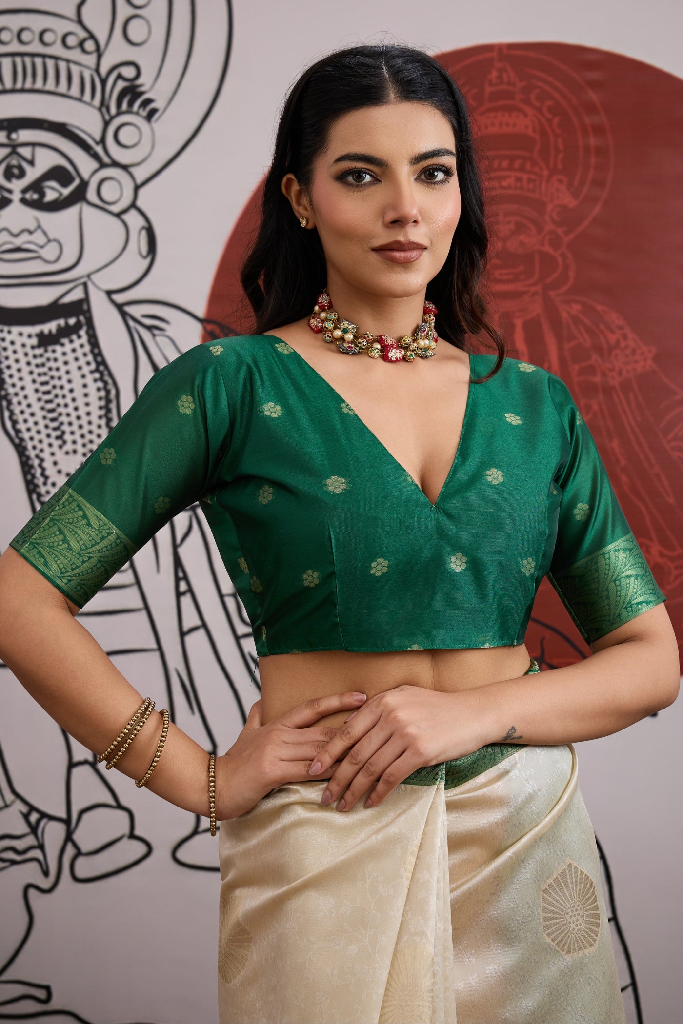 Buy MySilkLove Windsor Cream and Green Handloom South Silk Saree Online