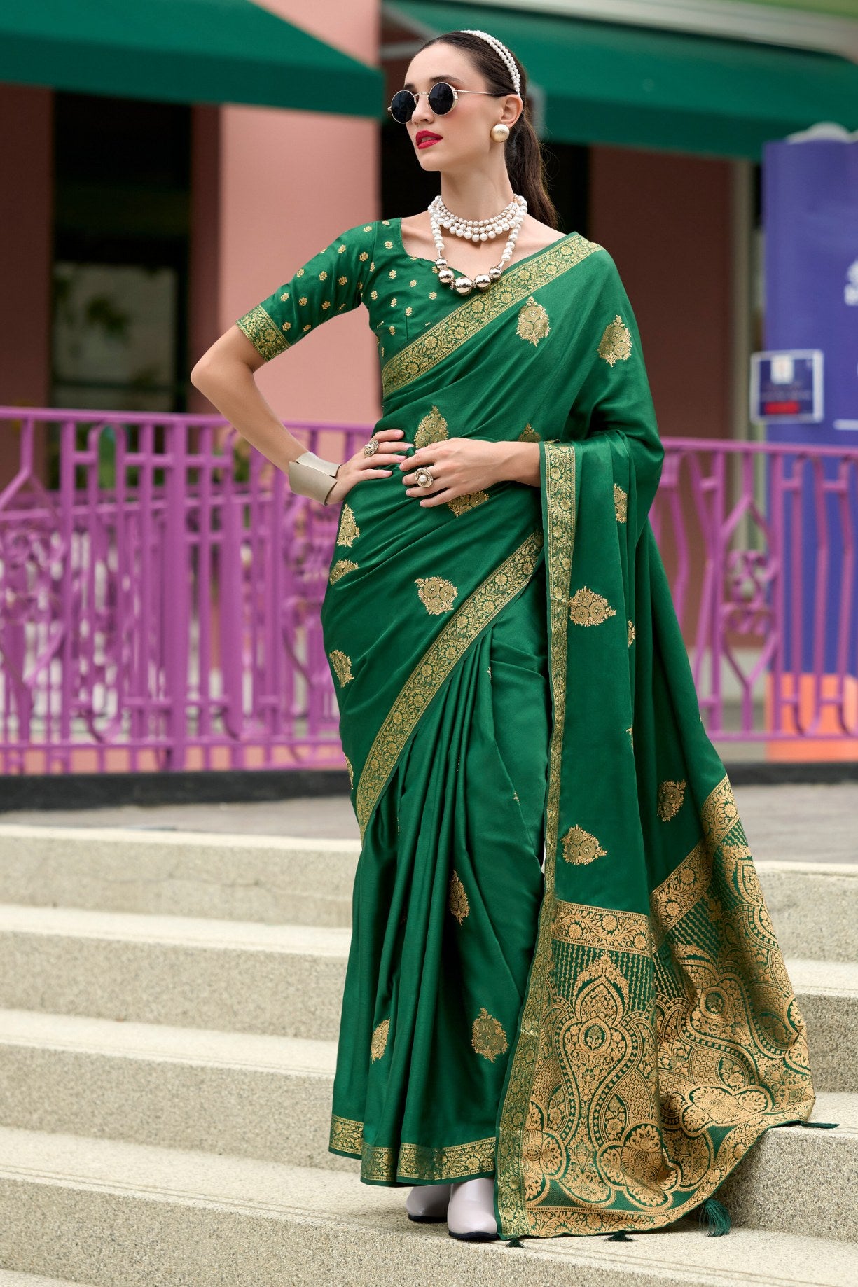 Buy MySilkLove Genoa Green Banarasi Handloom Satin Saree Online