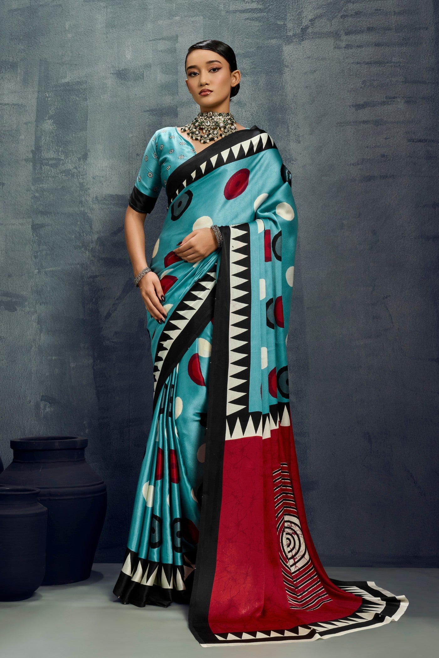 Buy MySilkLove Dusty Blue Ajrakh Printed Satin Crepe Silk Saree Online