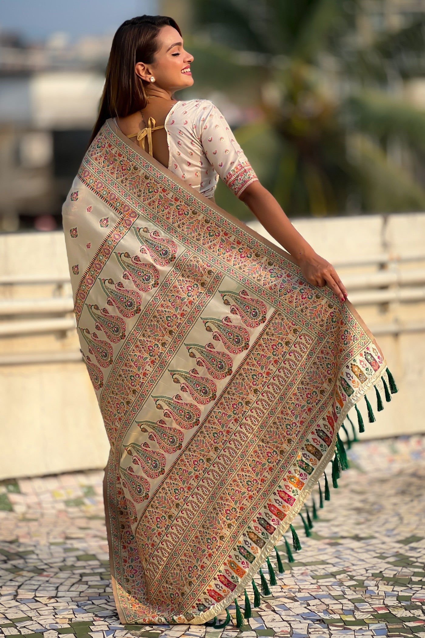 MySilkLove Almond Cream Kashmiri Jamewar Saree